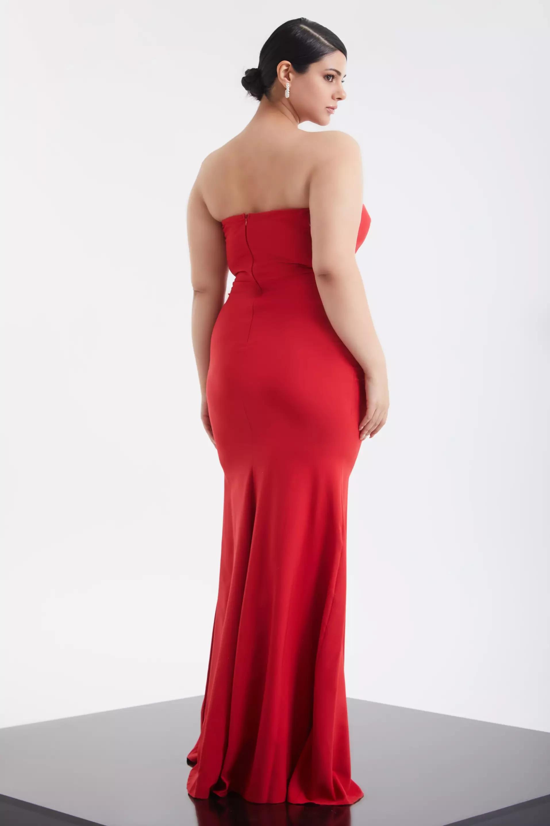 Red plus size crepe strapless maxi dress