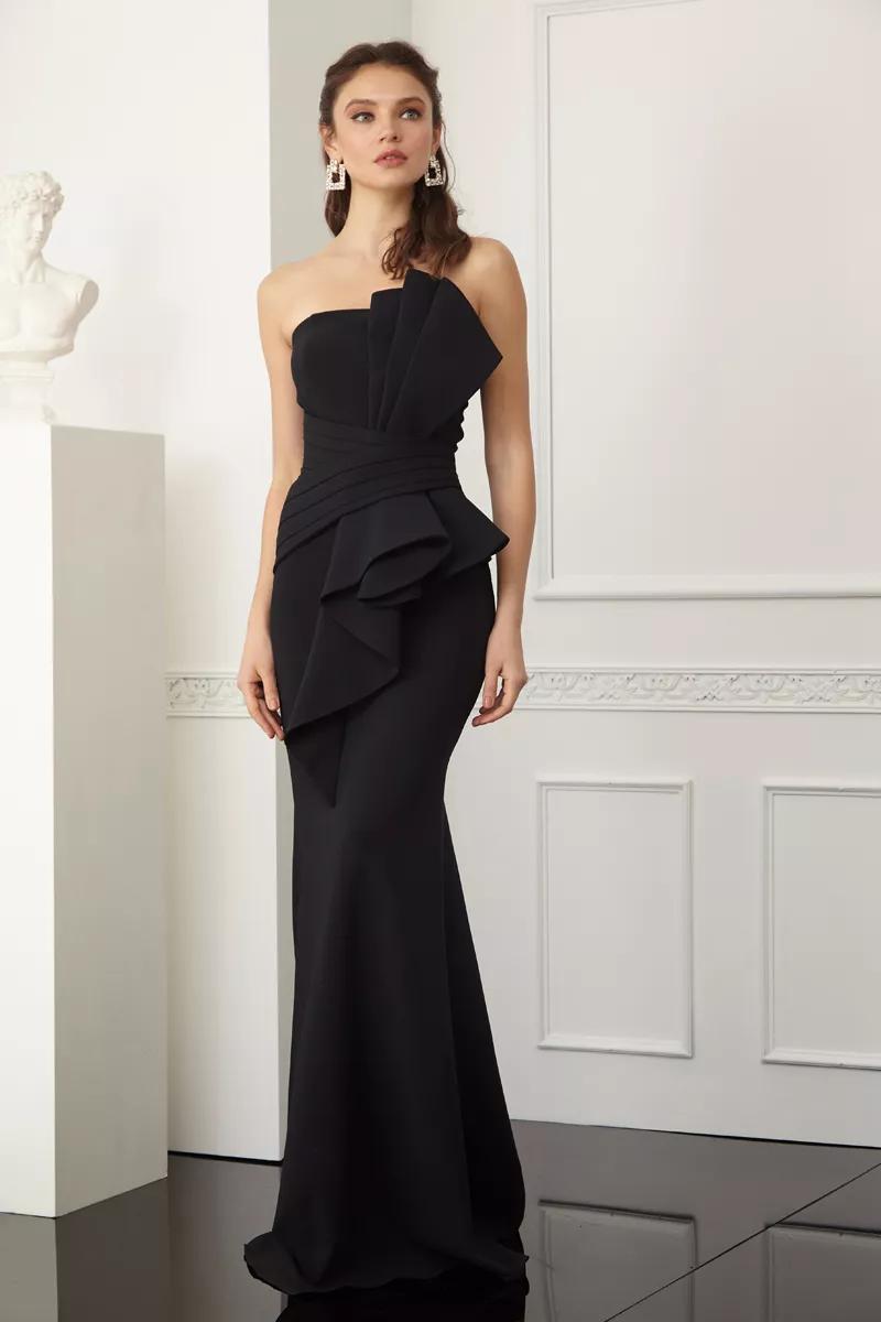 Black crepe strapless maxi dress