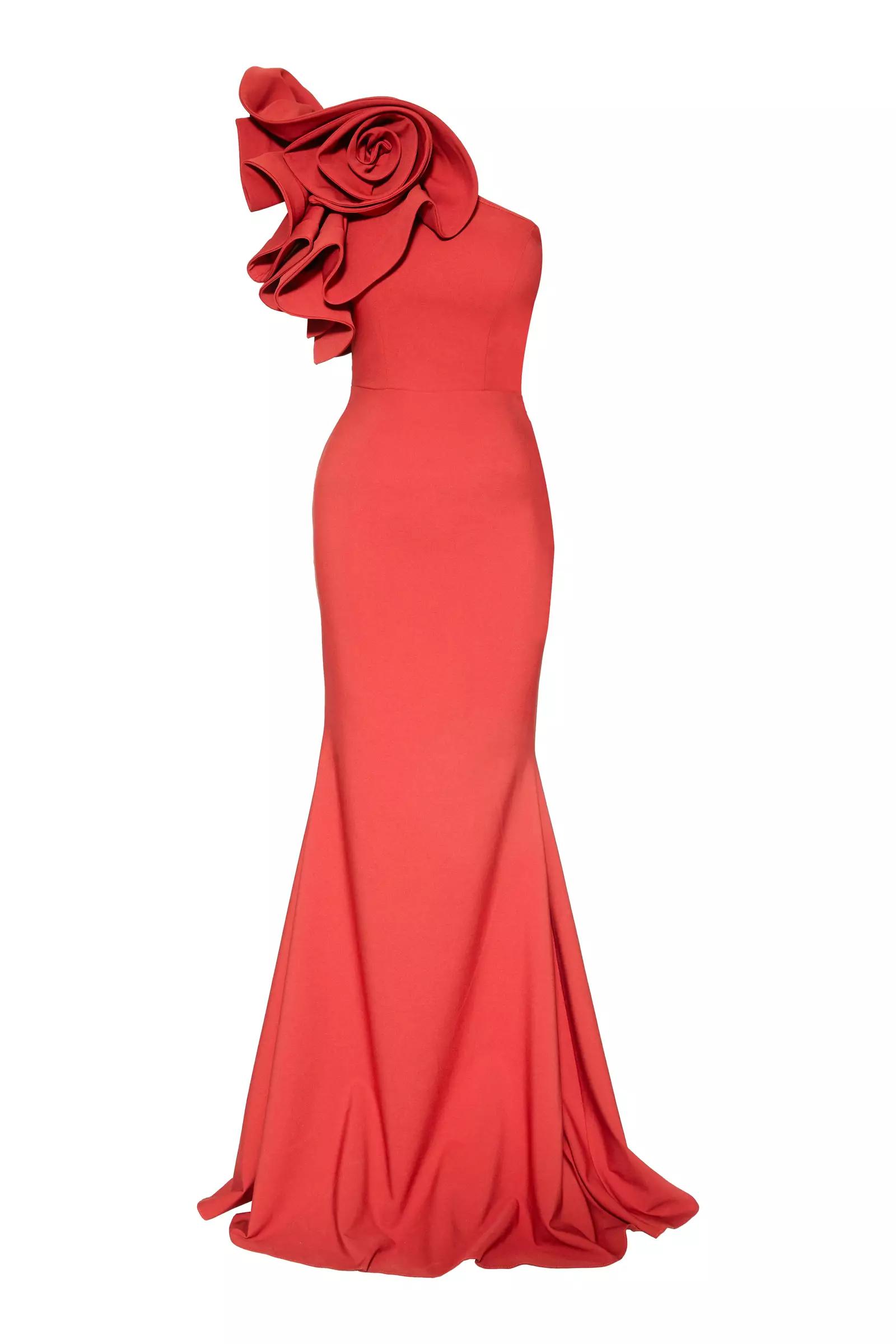 Coral crepe one arm maxi dress