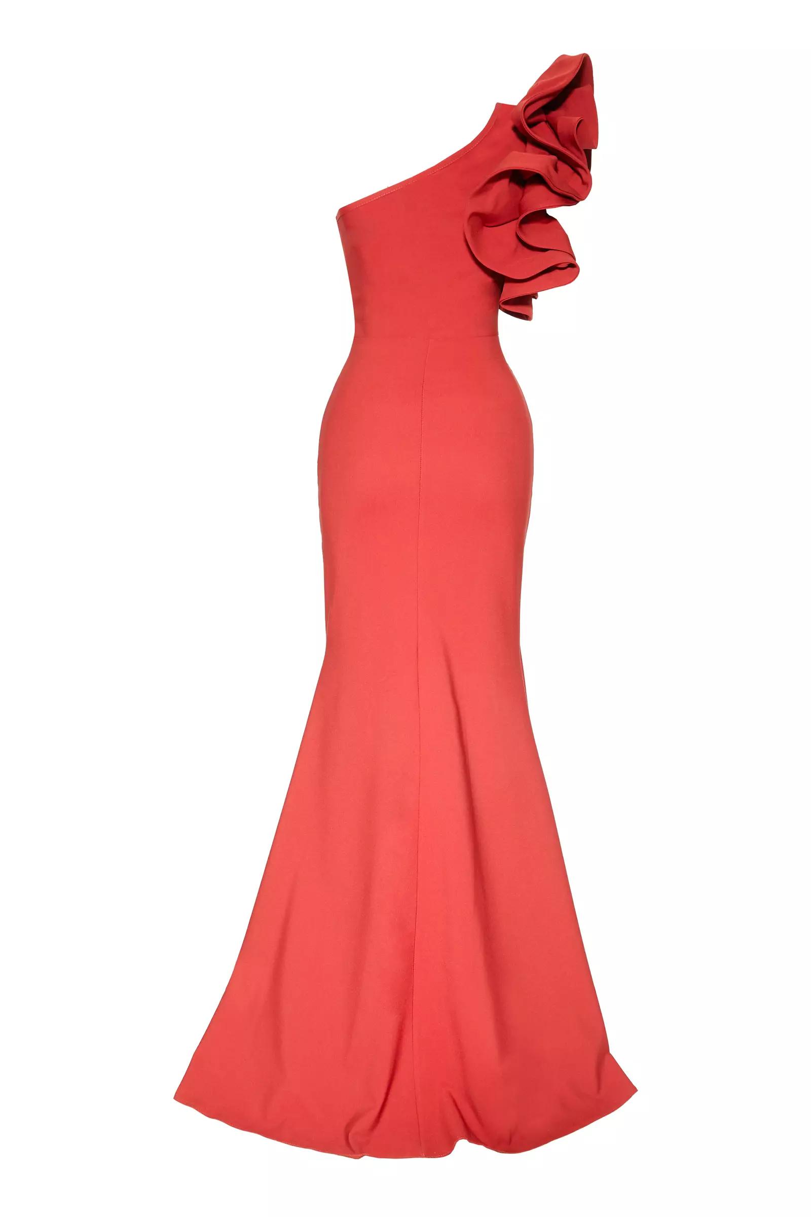Coral crepe one arm maxi dress