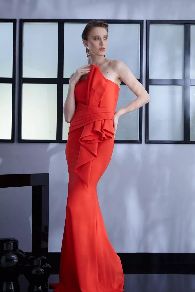 Coral Crepe Strapless Maxi Dress