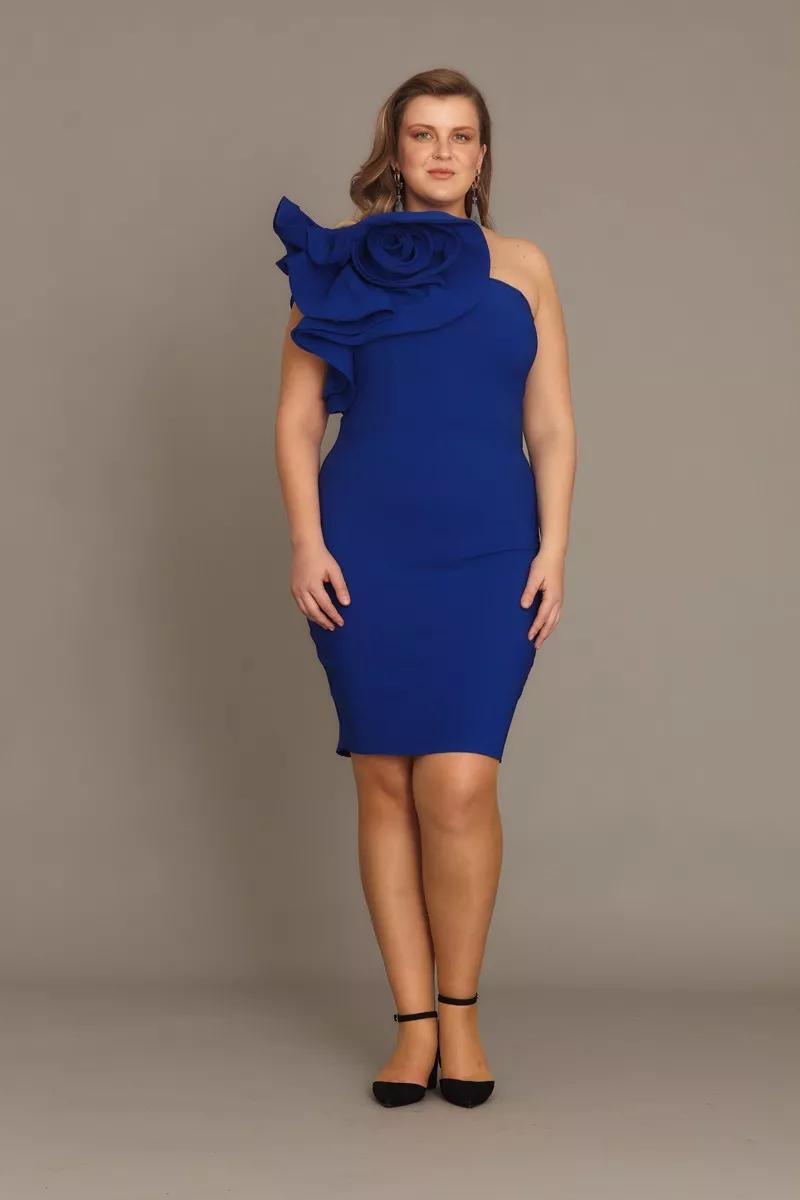 Blue plus size crepe one arm mini dress