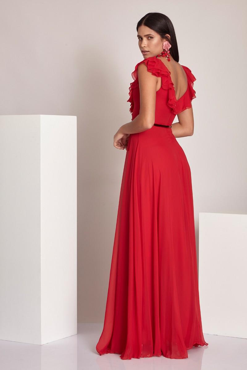 Red sifon short sleeve maxi dress