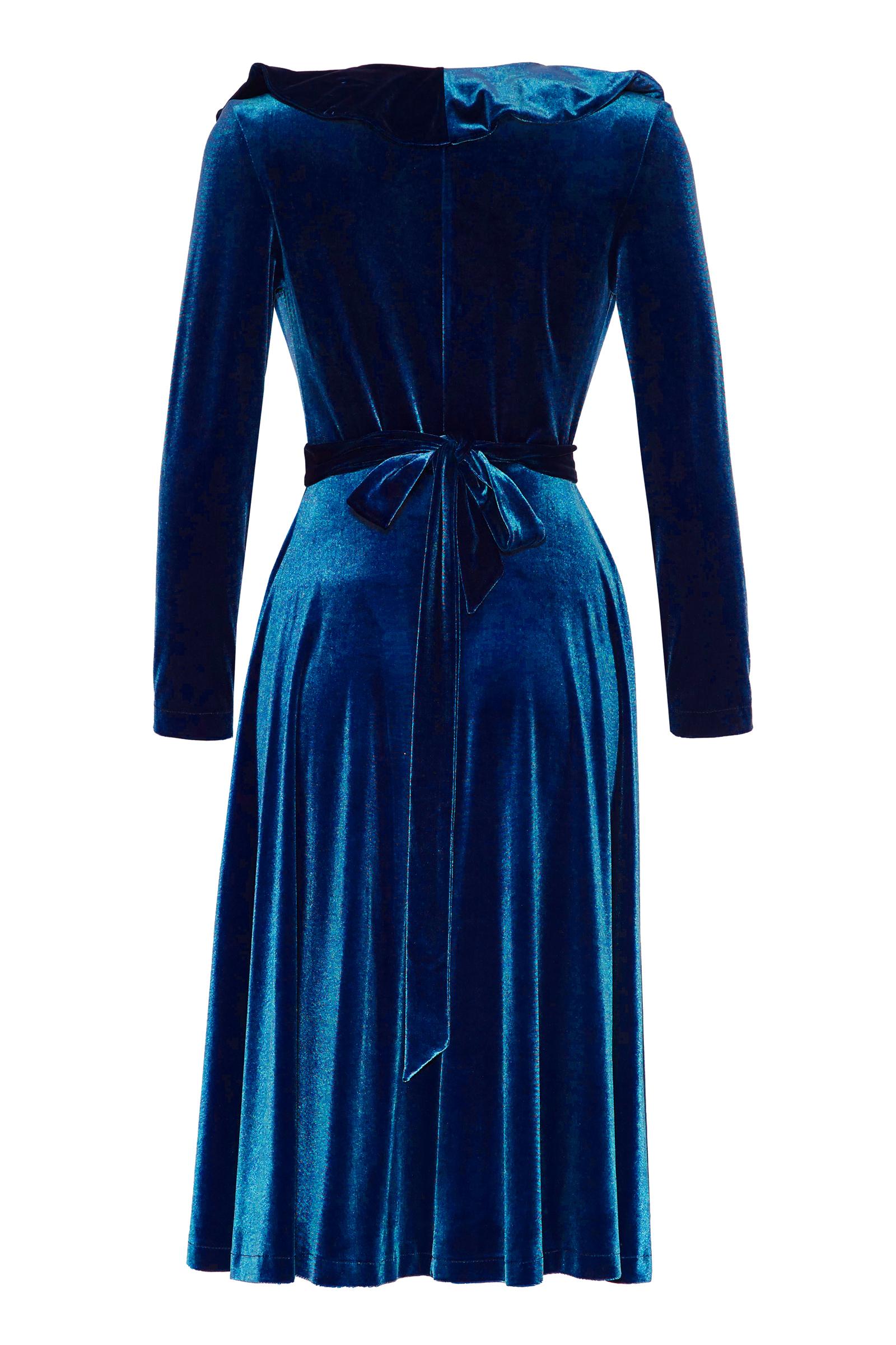 Saxon Blue Velvet Long Sleeve Midi Dress