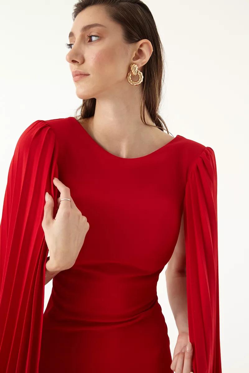 Red crepe long sleeve midi dress