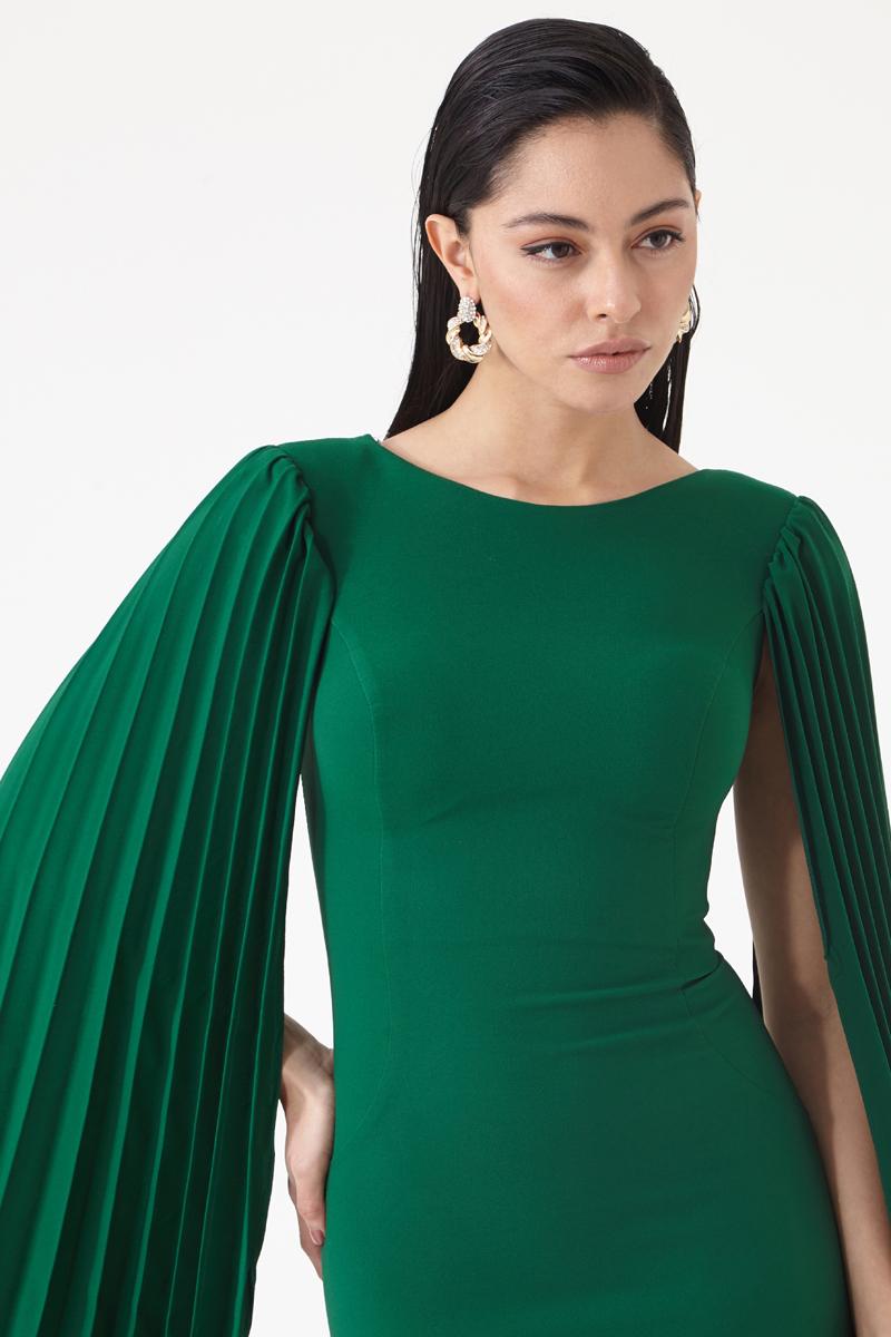 Green crepe long sleeve midi dress
