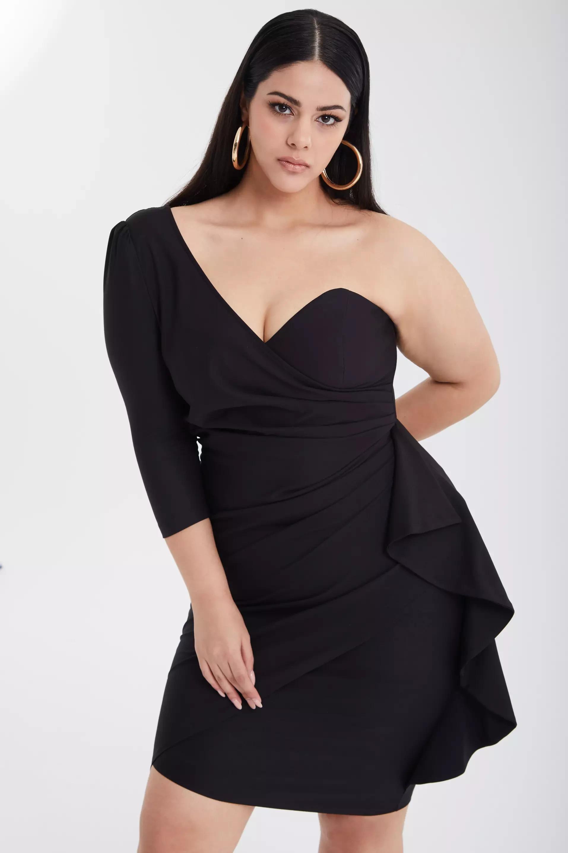 Black plus size crepe one arm mini dress