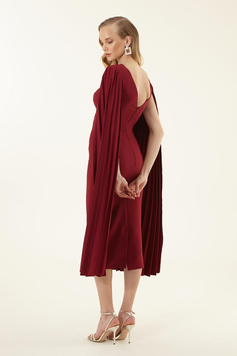 Claret Red Crepe Long Sleeve Midi Dress