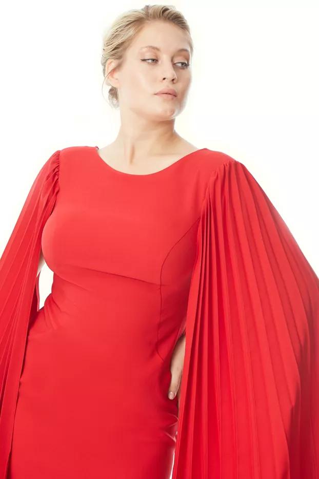 Red plus size crepe long sleeve maxi dress