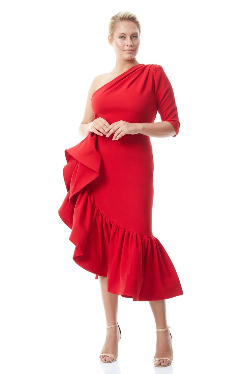 Red plus size crepe one arm maxi dress