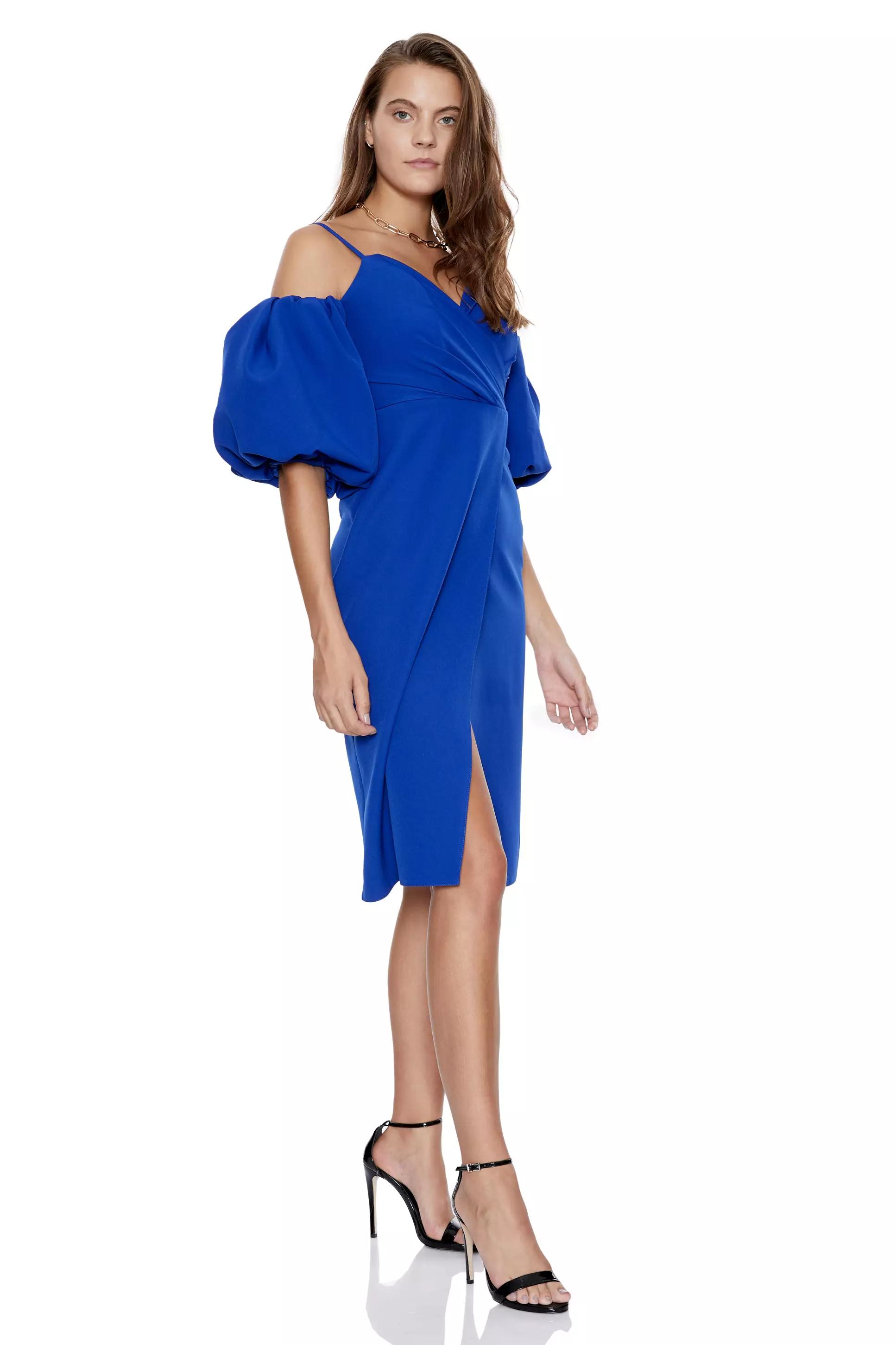 Blue crepe short sleeve midi dress