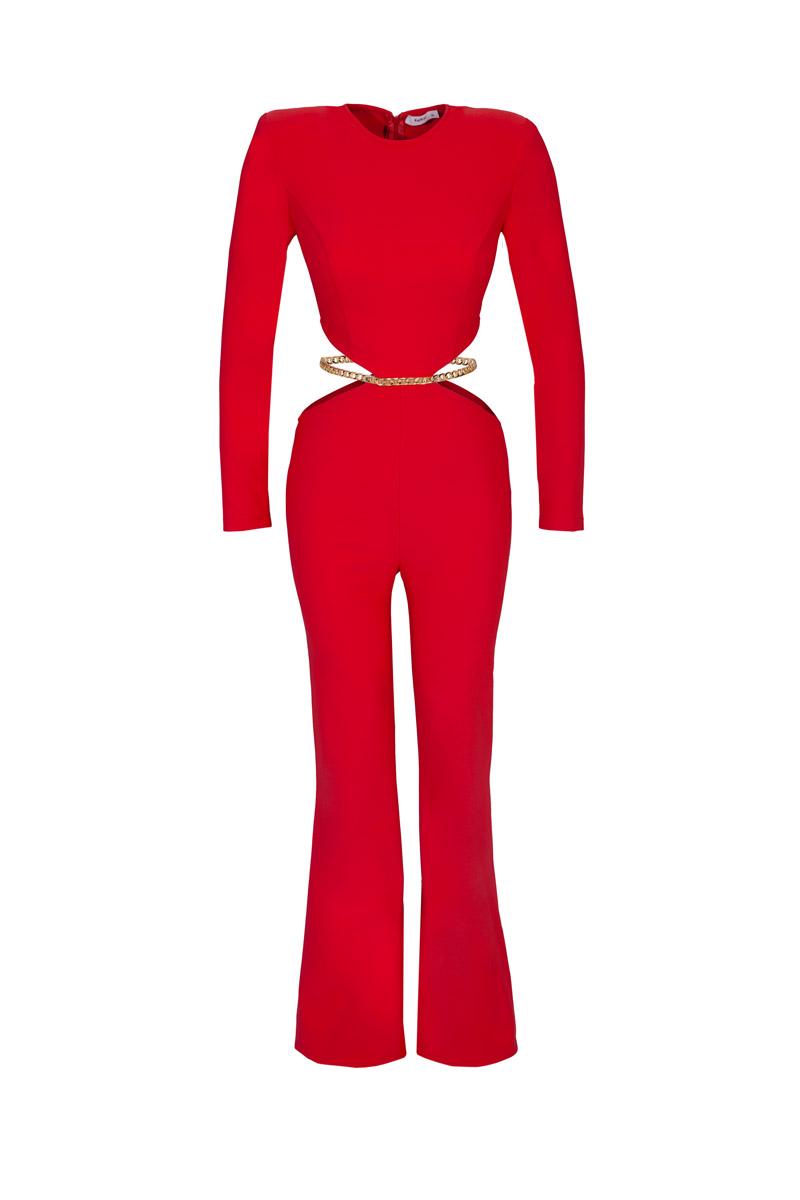 Red knitted long sleeve maxi suit