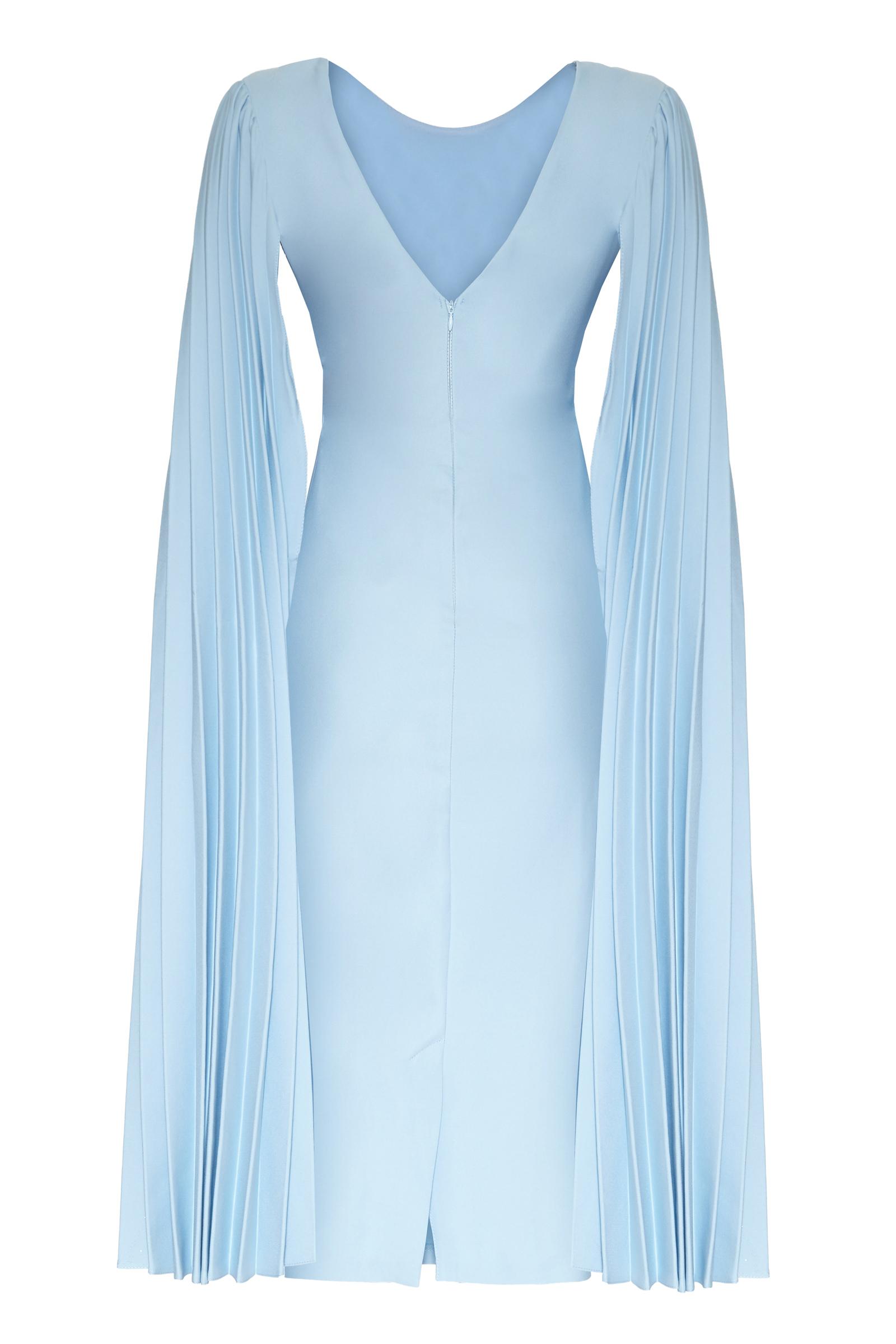 Blue Crepe Long Sleeve Midi Dress