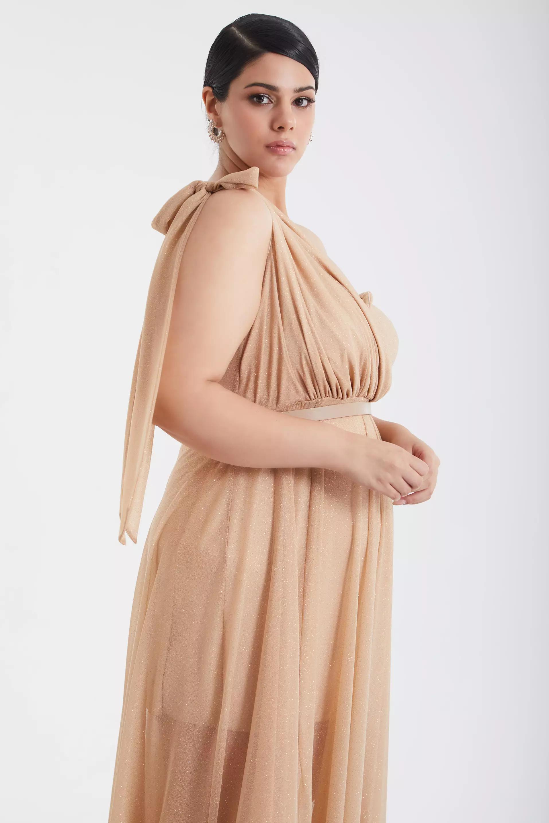 Gold plus size tulle one arm maxi dress