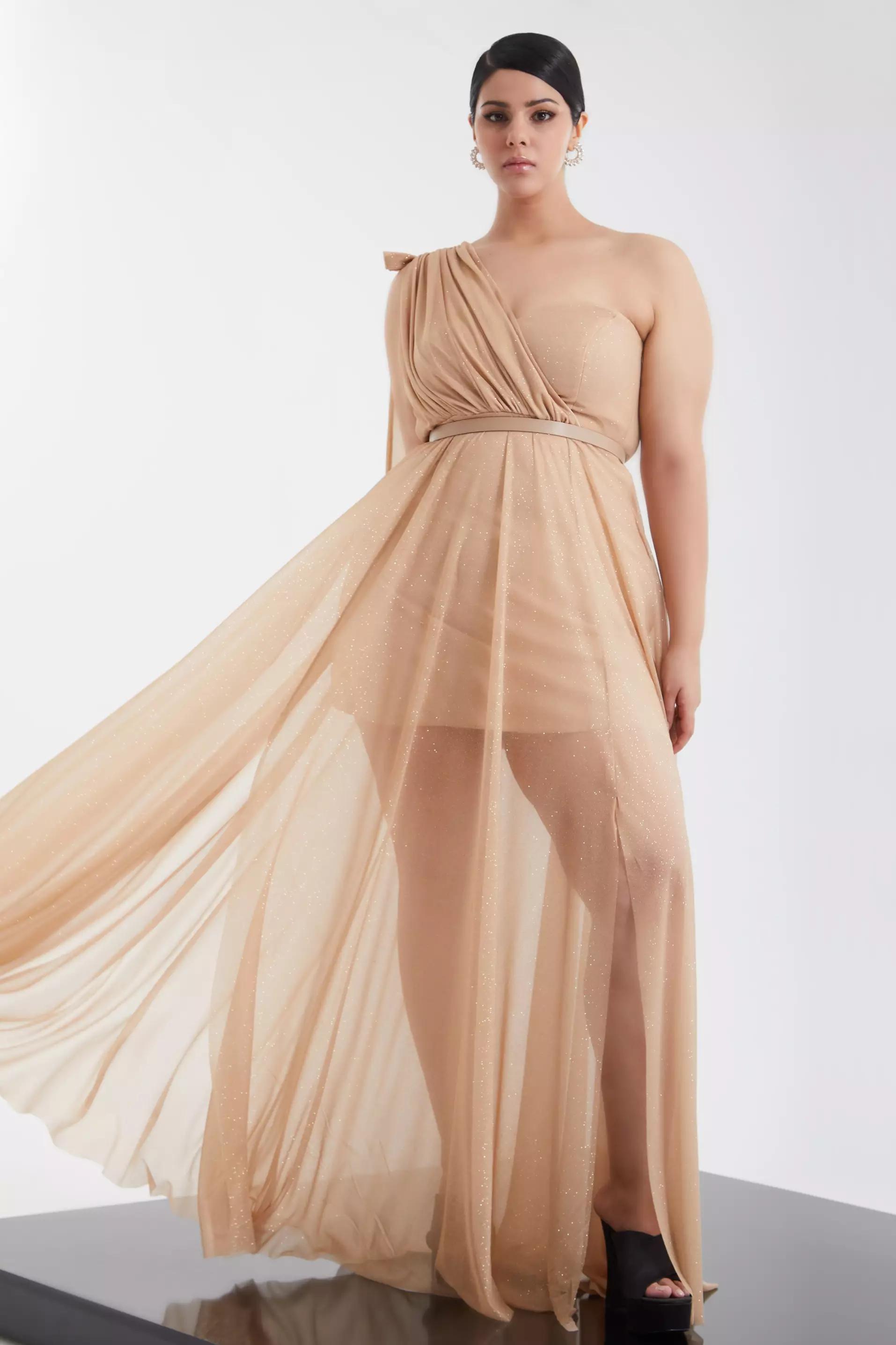 Gold plus size tulle one arm maxi dress