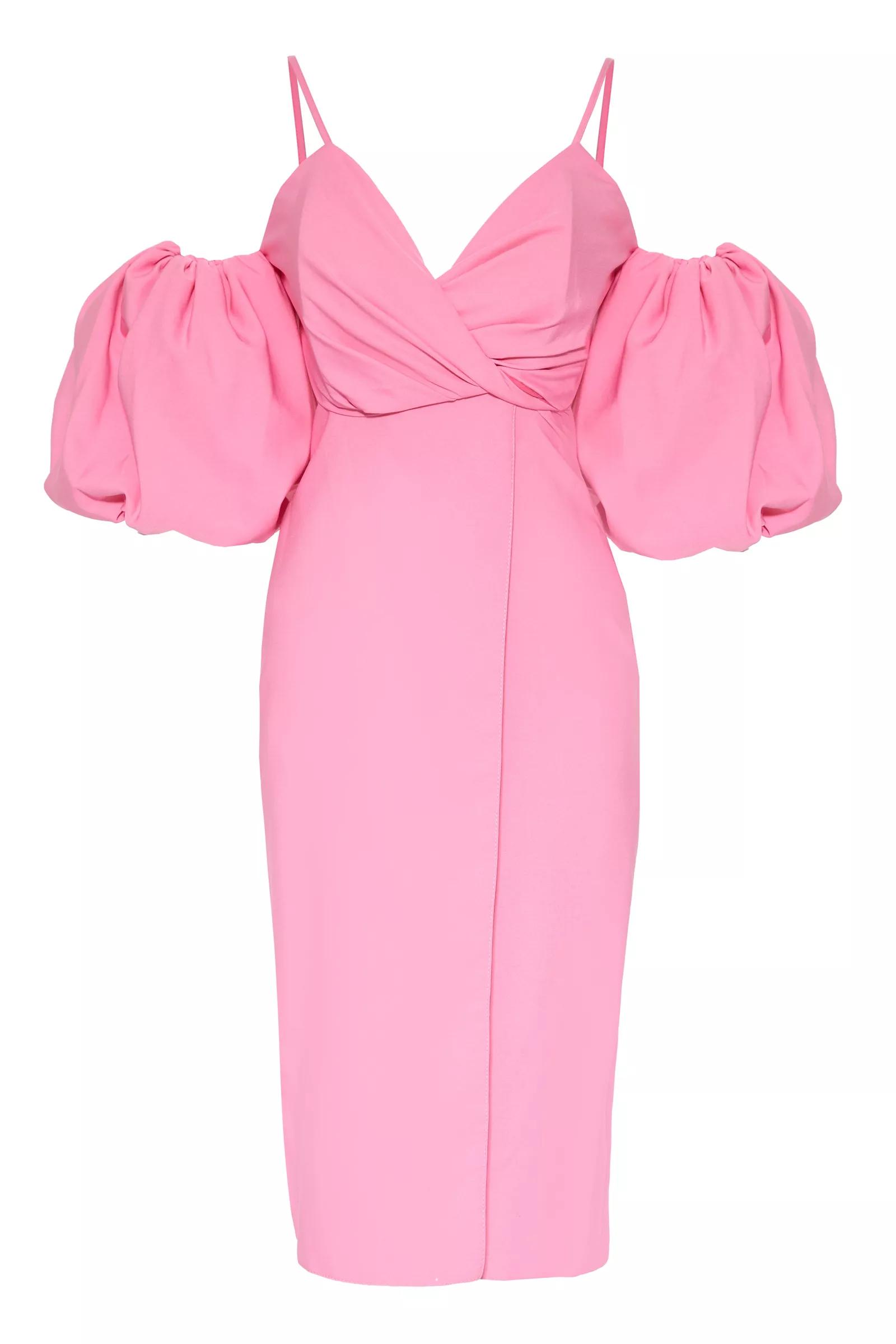 Pink Crepe Short Sleeve Midi Dress