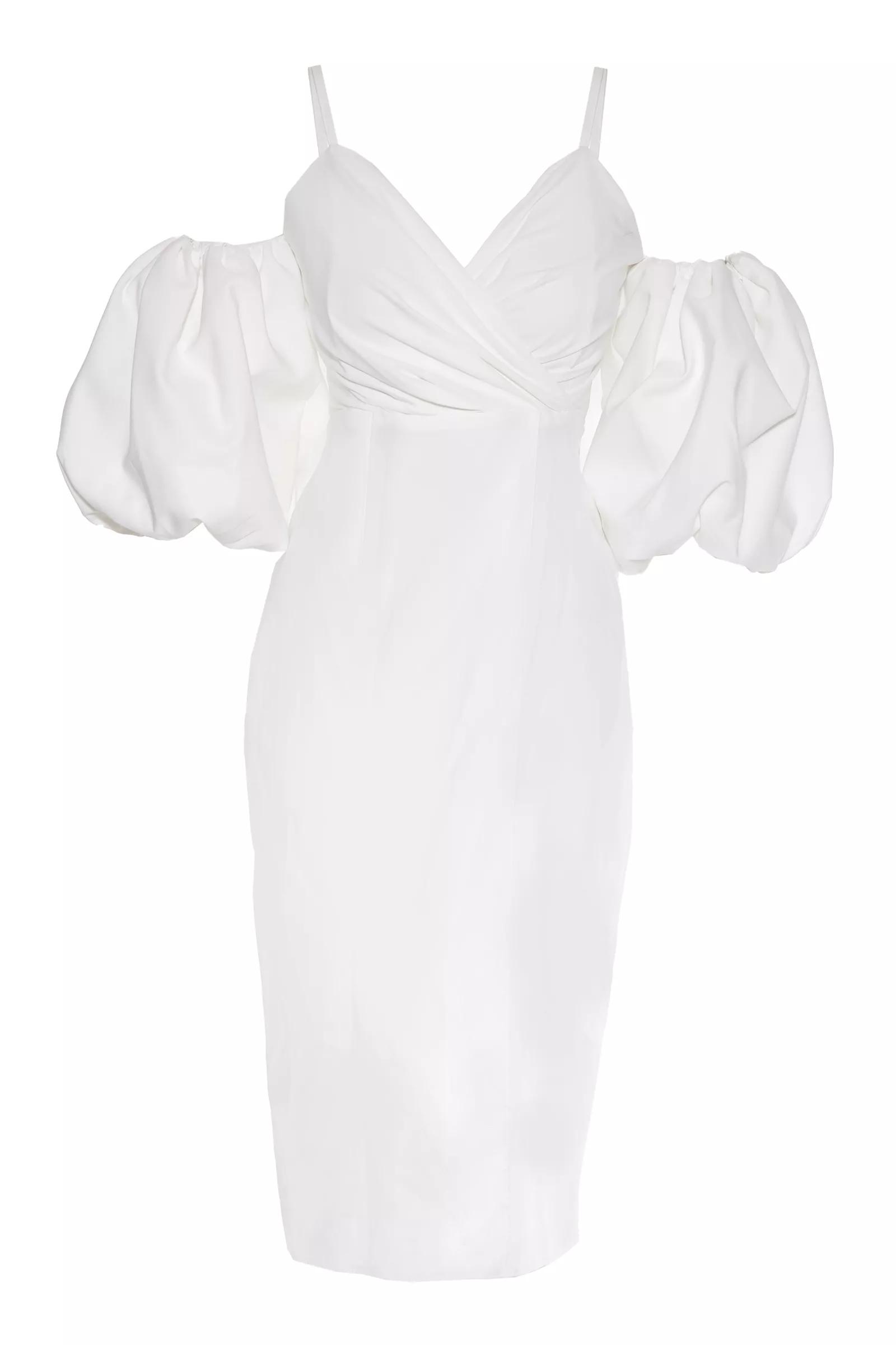 White Crepe Short Sleeve Midi Dress