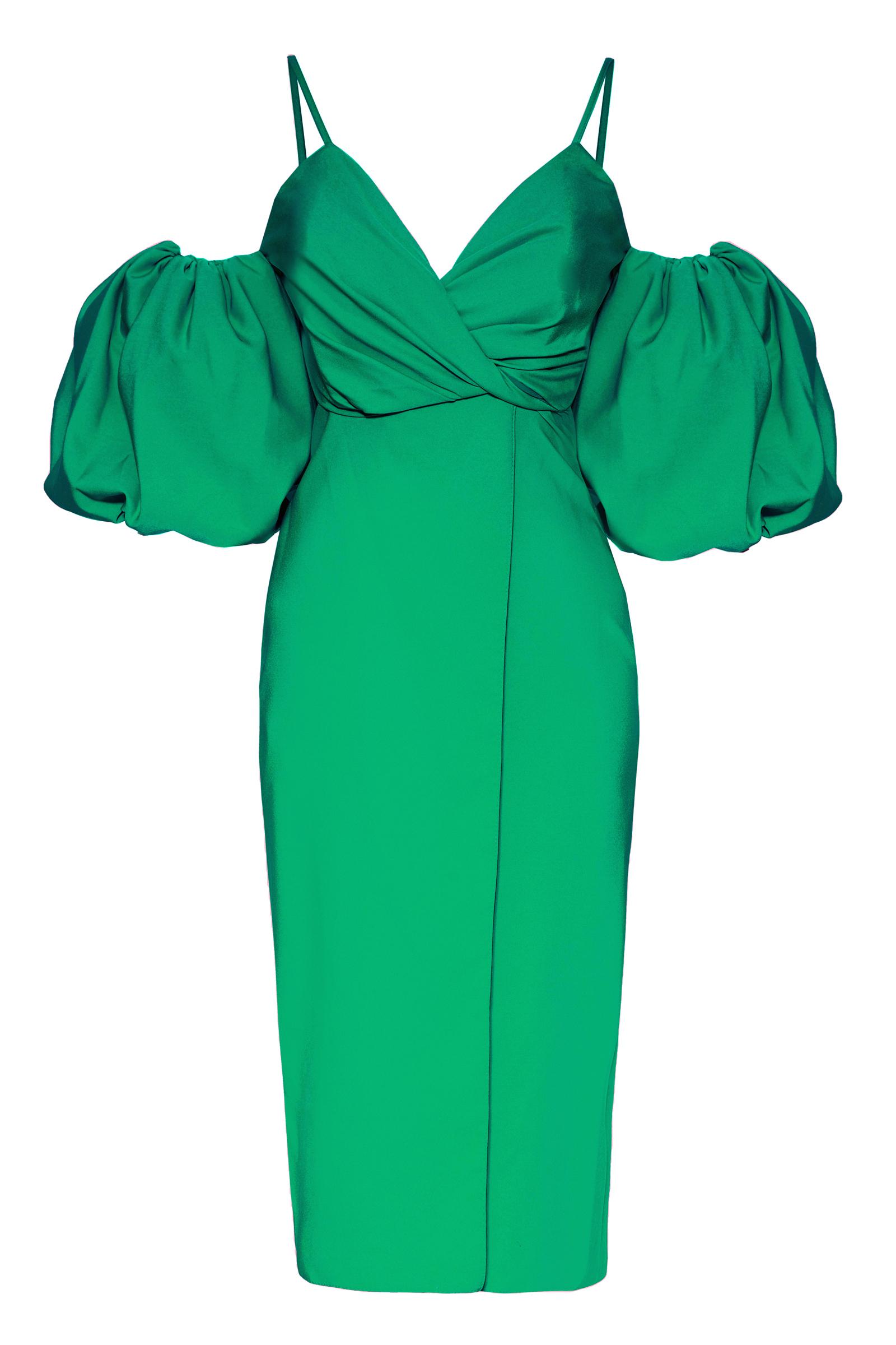 Green Crepe Short Sleeve Midi Dress