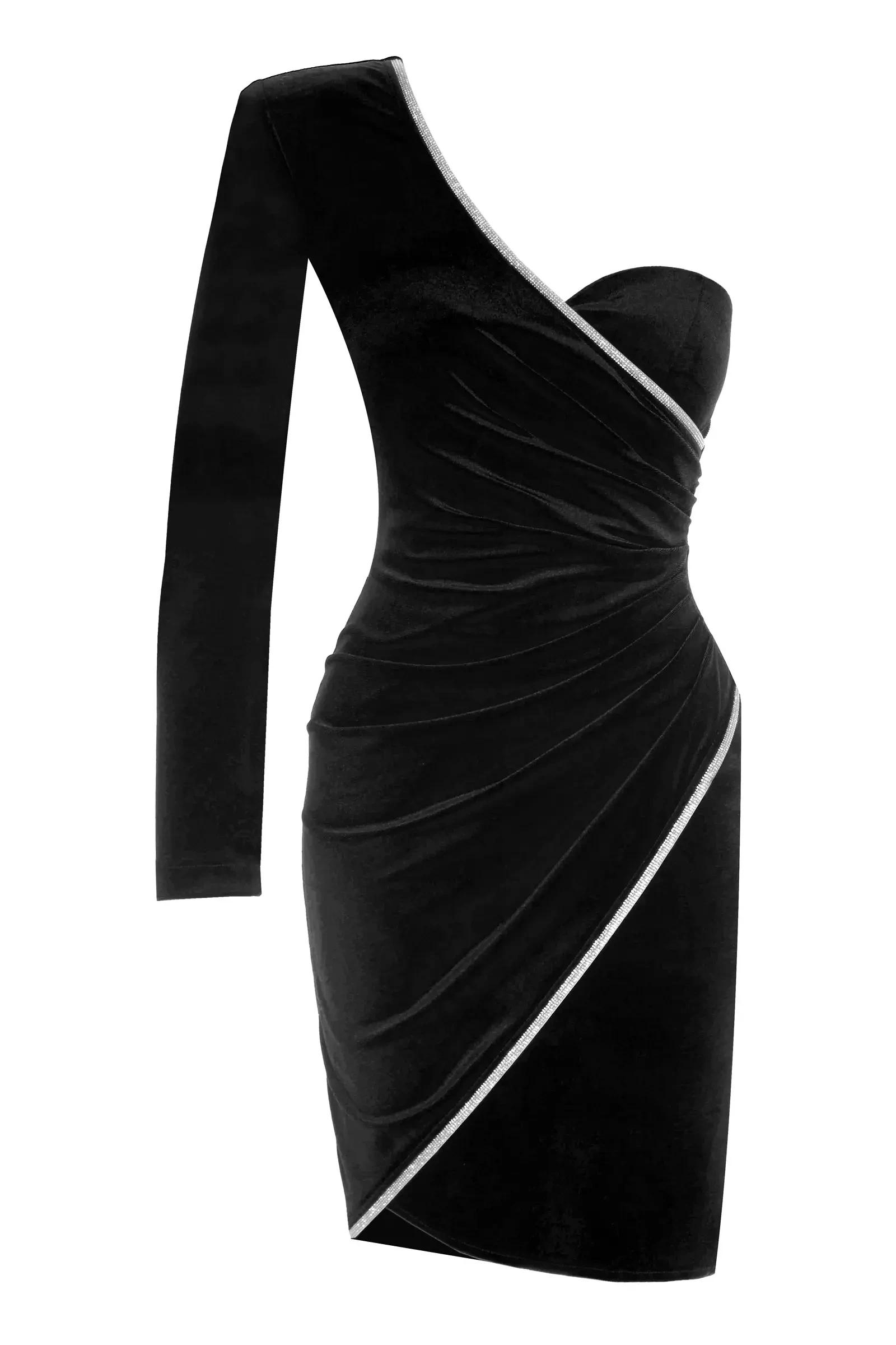 Black velvet one arm mini dress