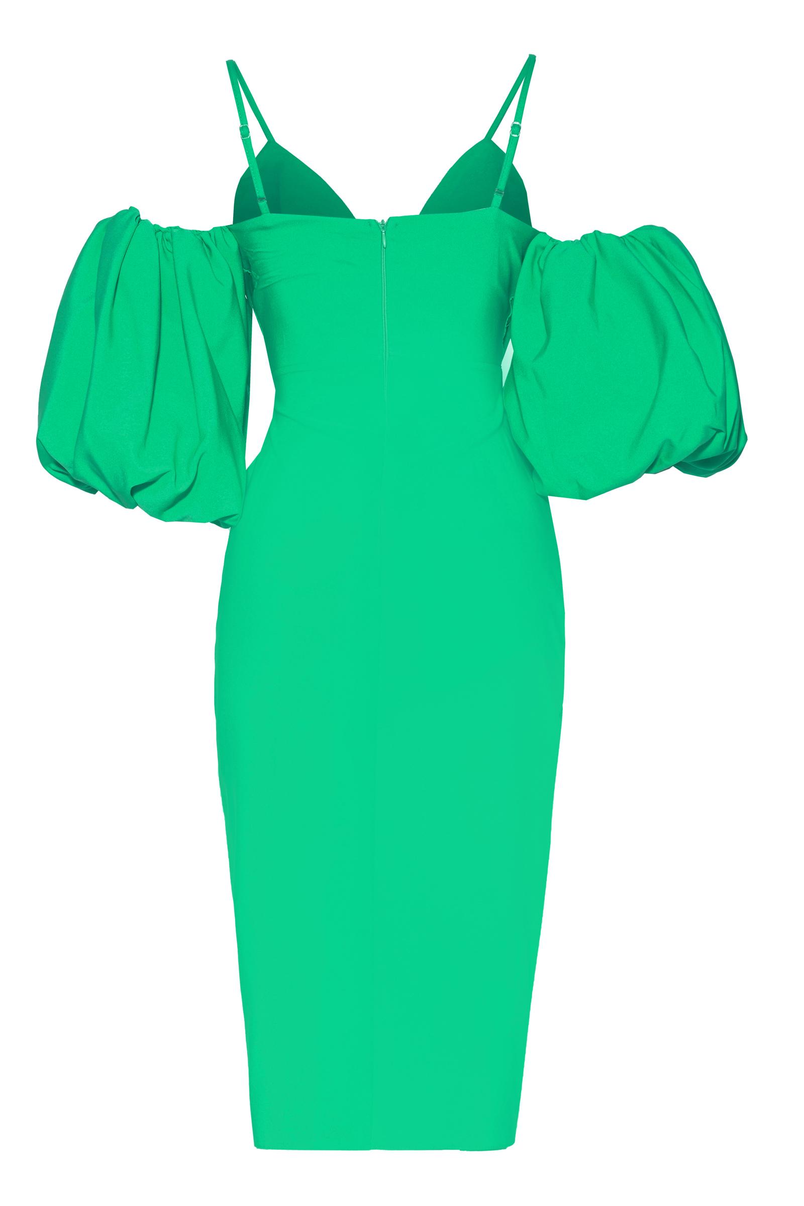 Green Crepe Short Sleeve Midi Dress