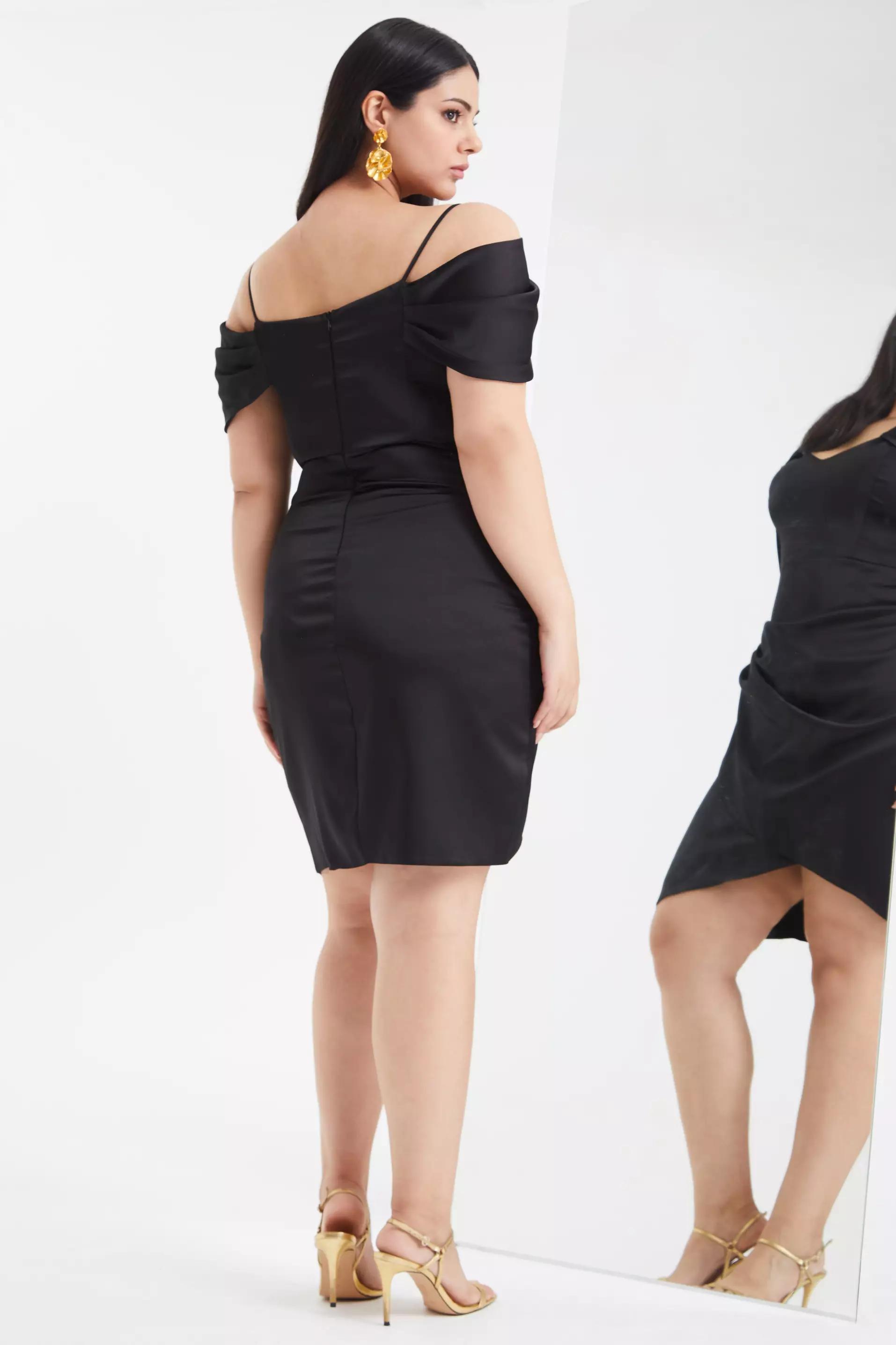 Black plus size satin short sleeve mini dress
