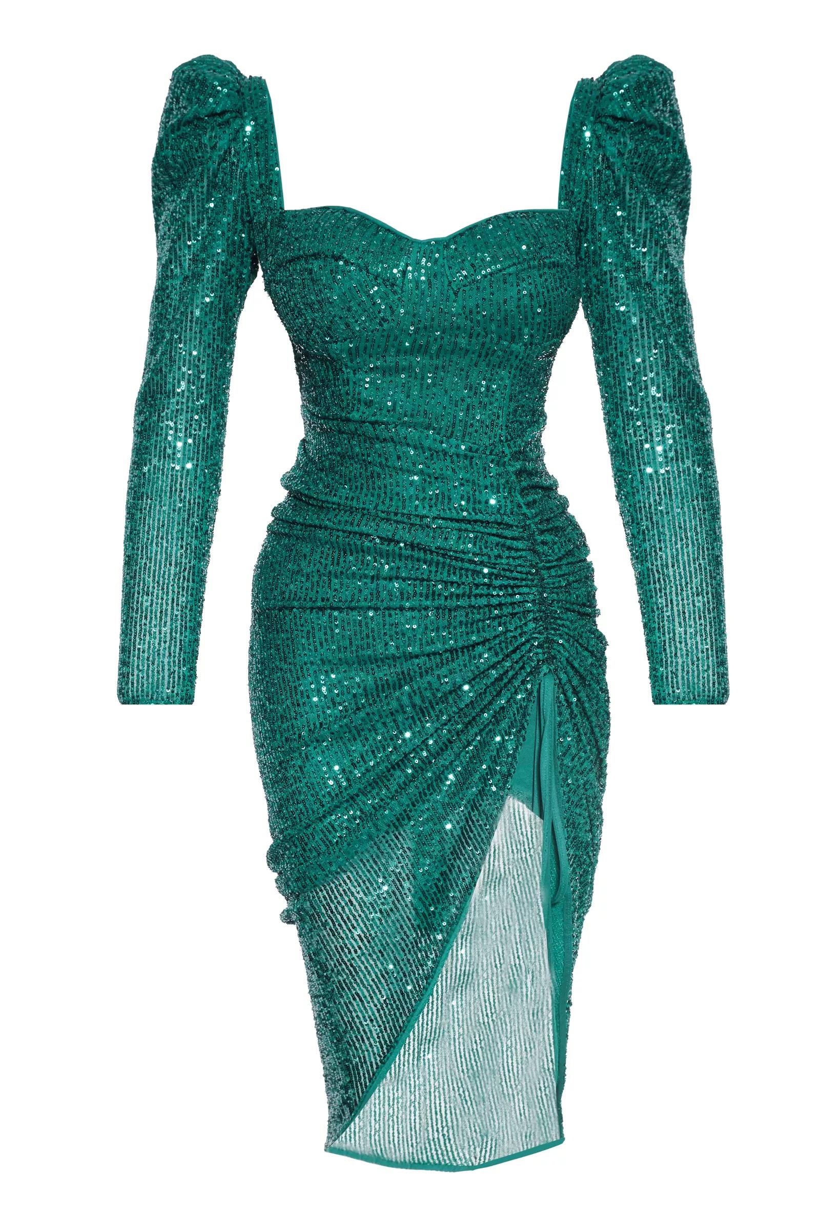 Green sequin long sleeve maxi dress