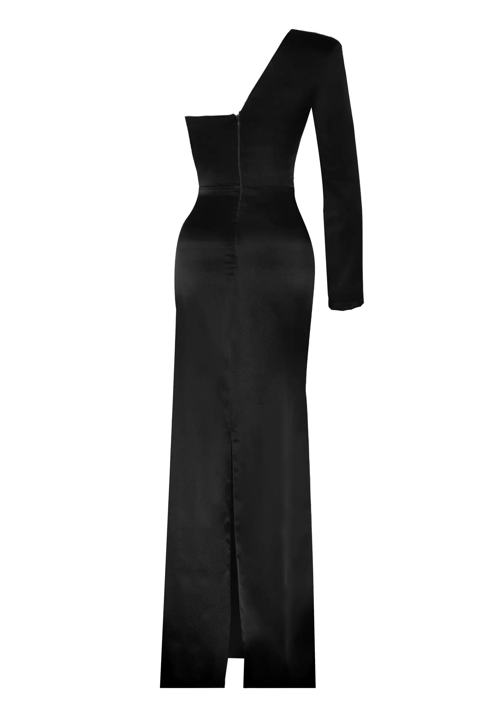 Black plus size satin one arm long dress
