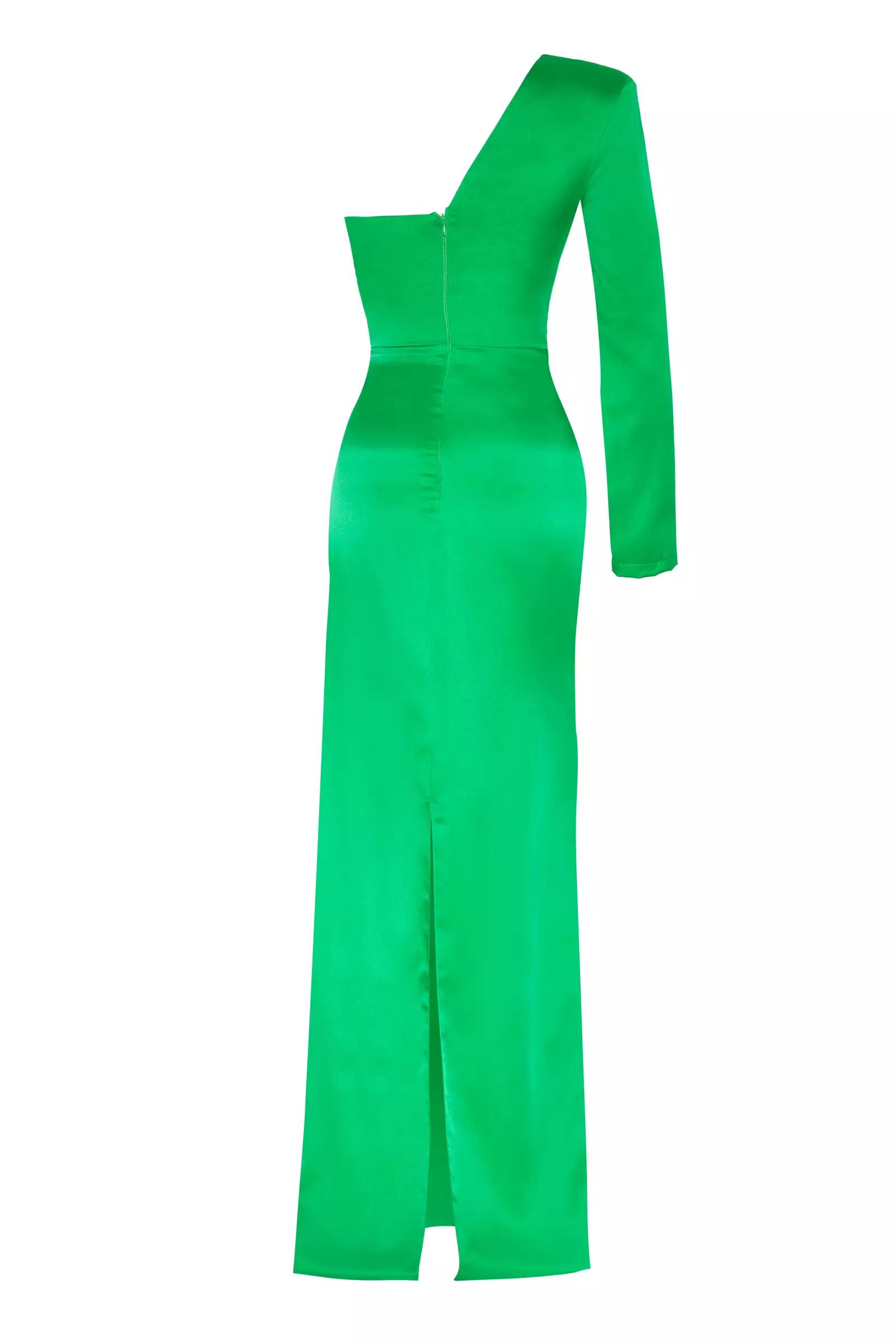 Green satin one arm long dress