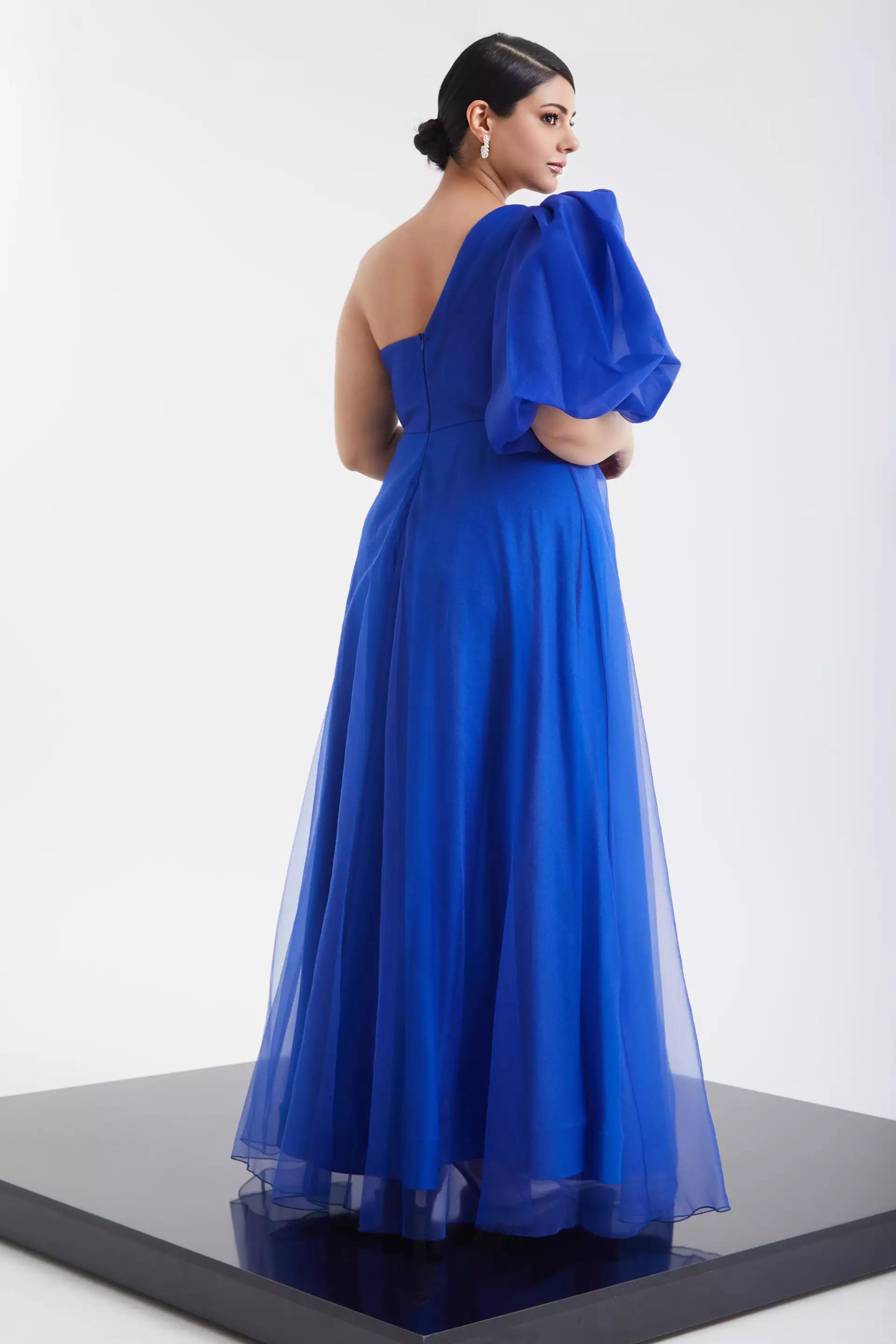 Blue plus size tulle one arm maxi dress