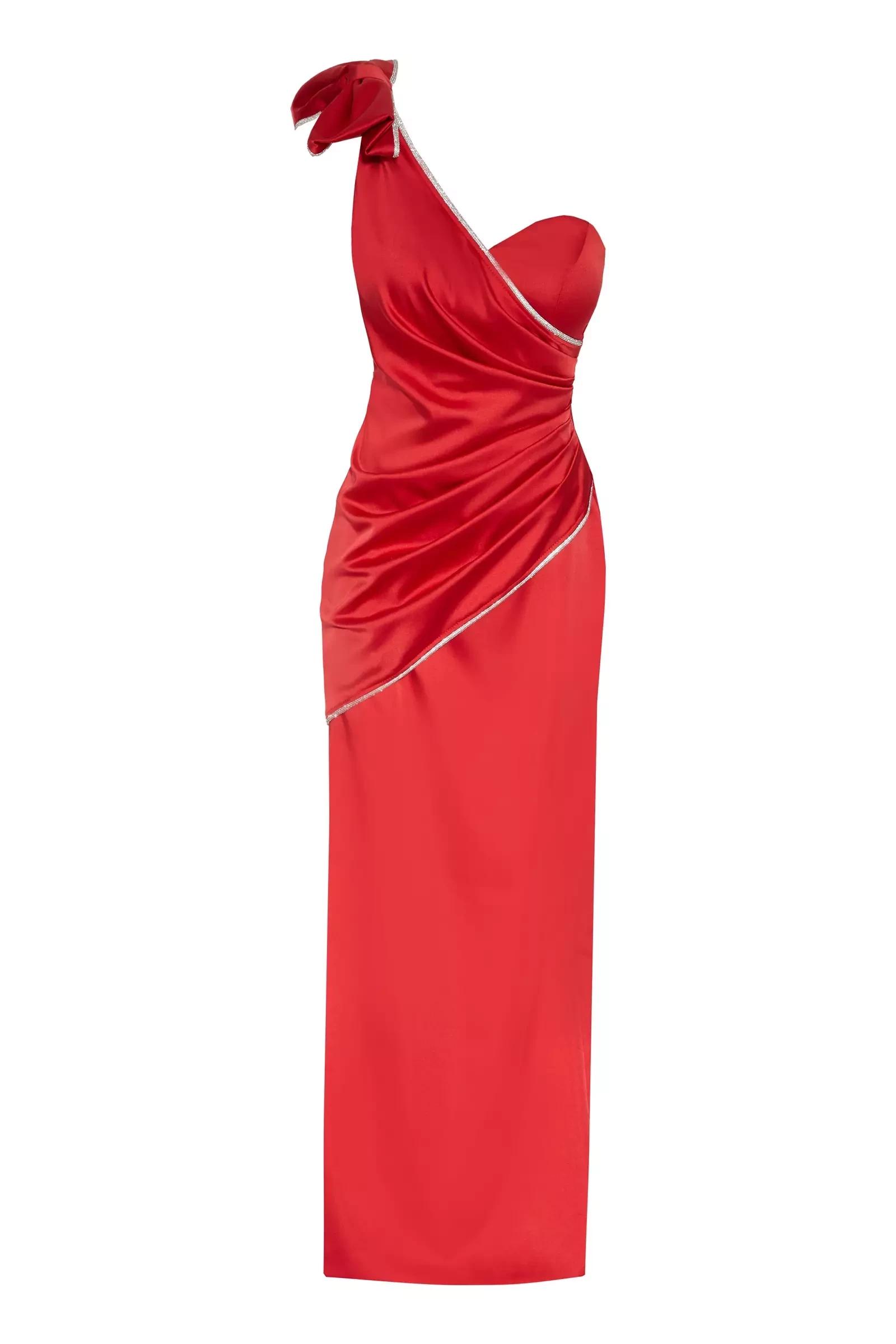Red plus size satin one arm maxi dress