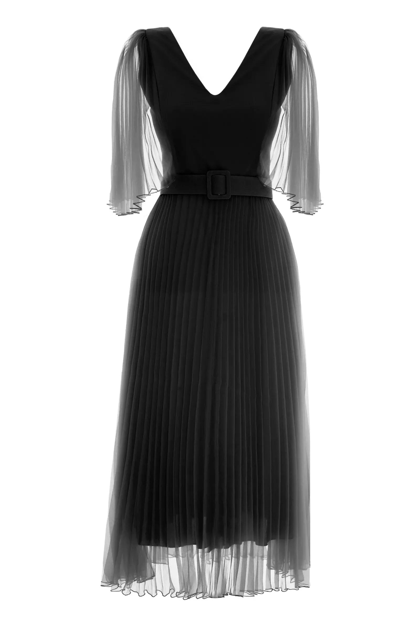 Black Tulle 3/4 Sleeve Midi Dress