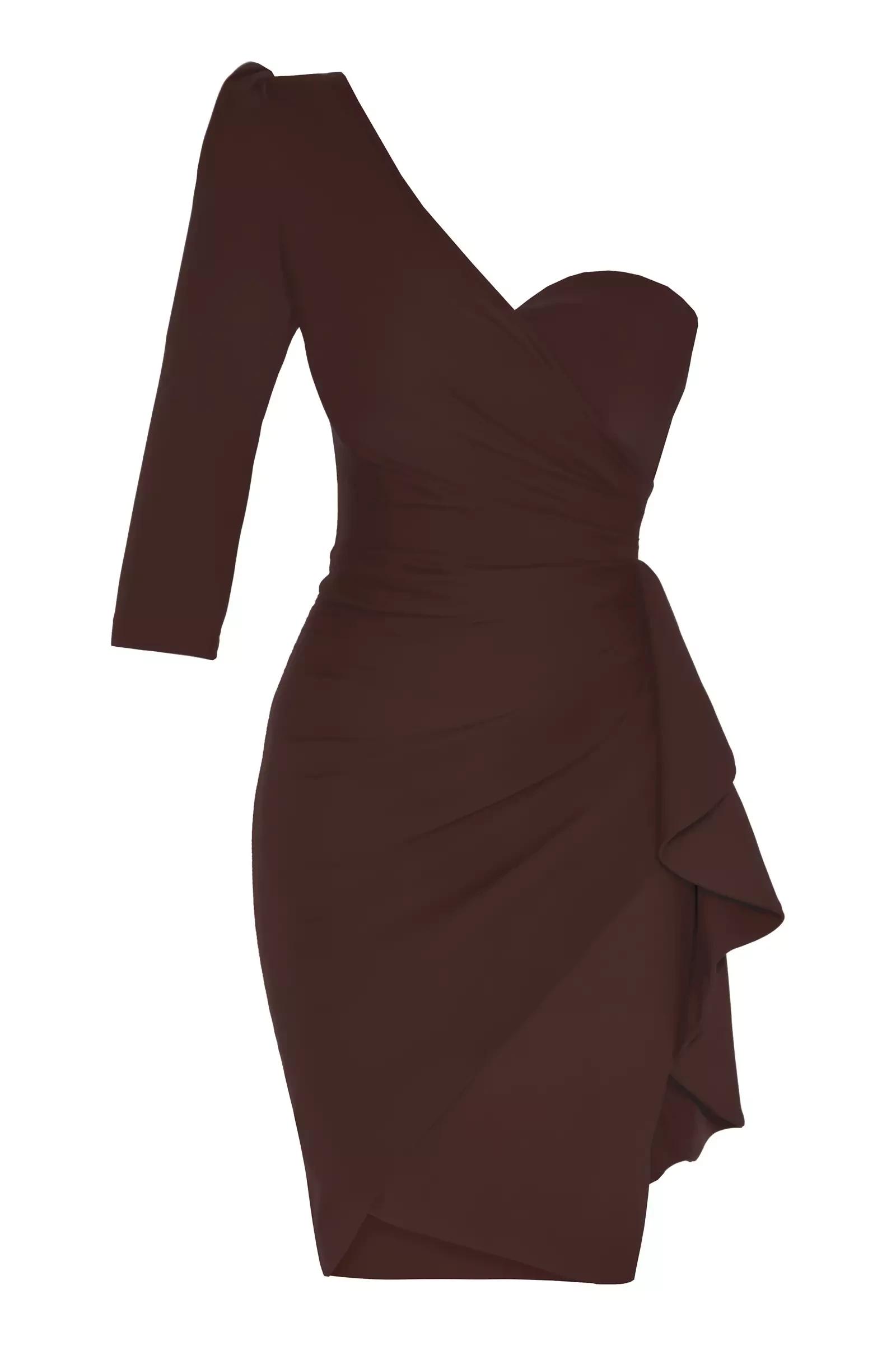 Brown plus size crepe one arm mini dress