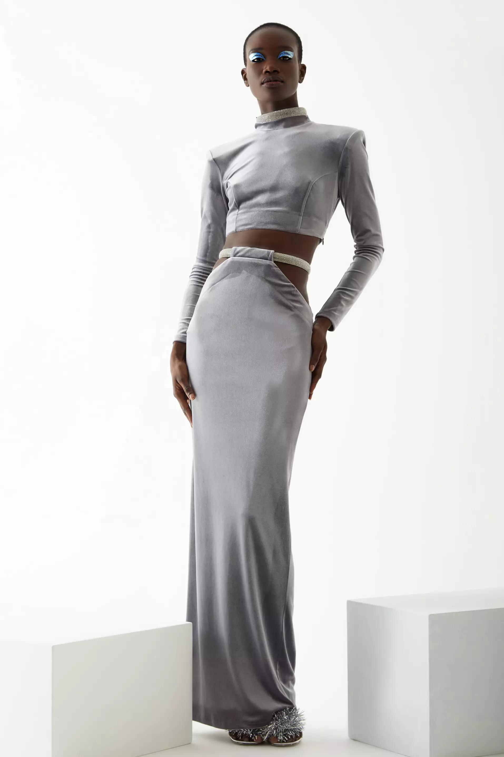 Gray Velvet Long Sleeve Maxi Dress