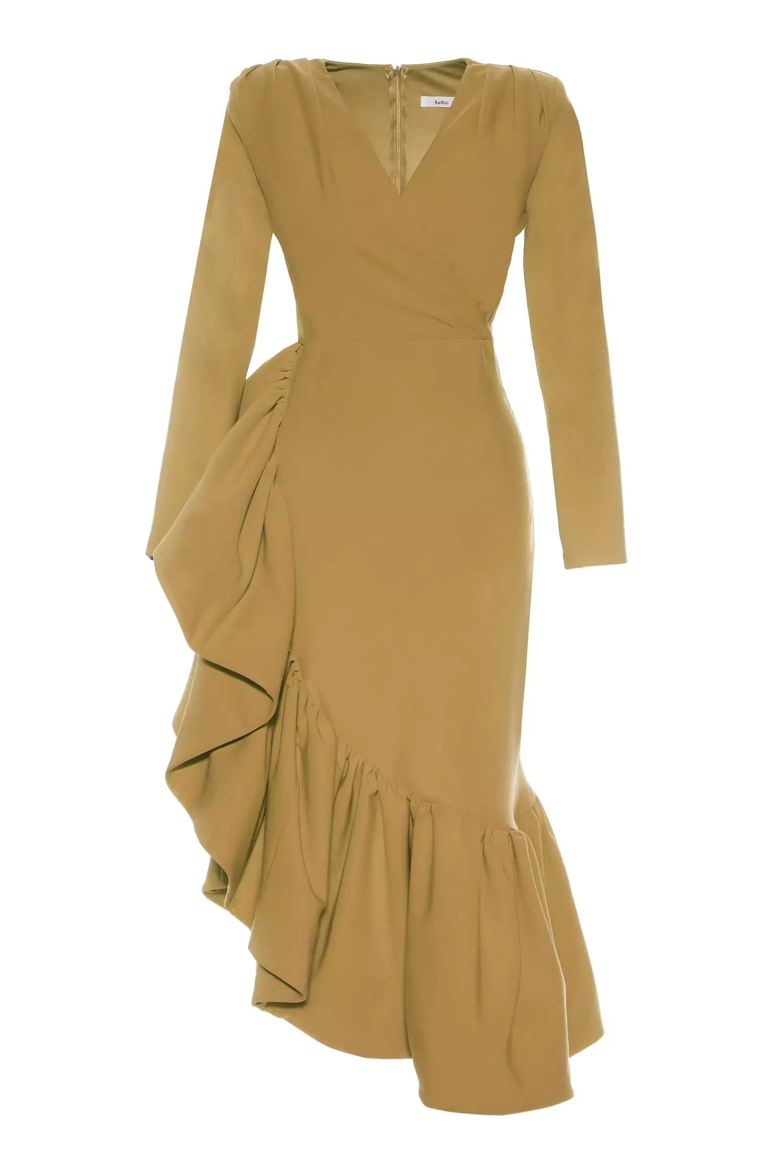 Khaki crepe long sleeve maxi dress