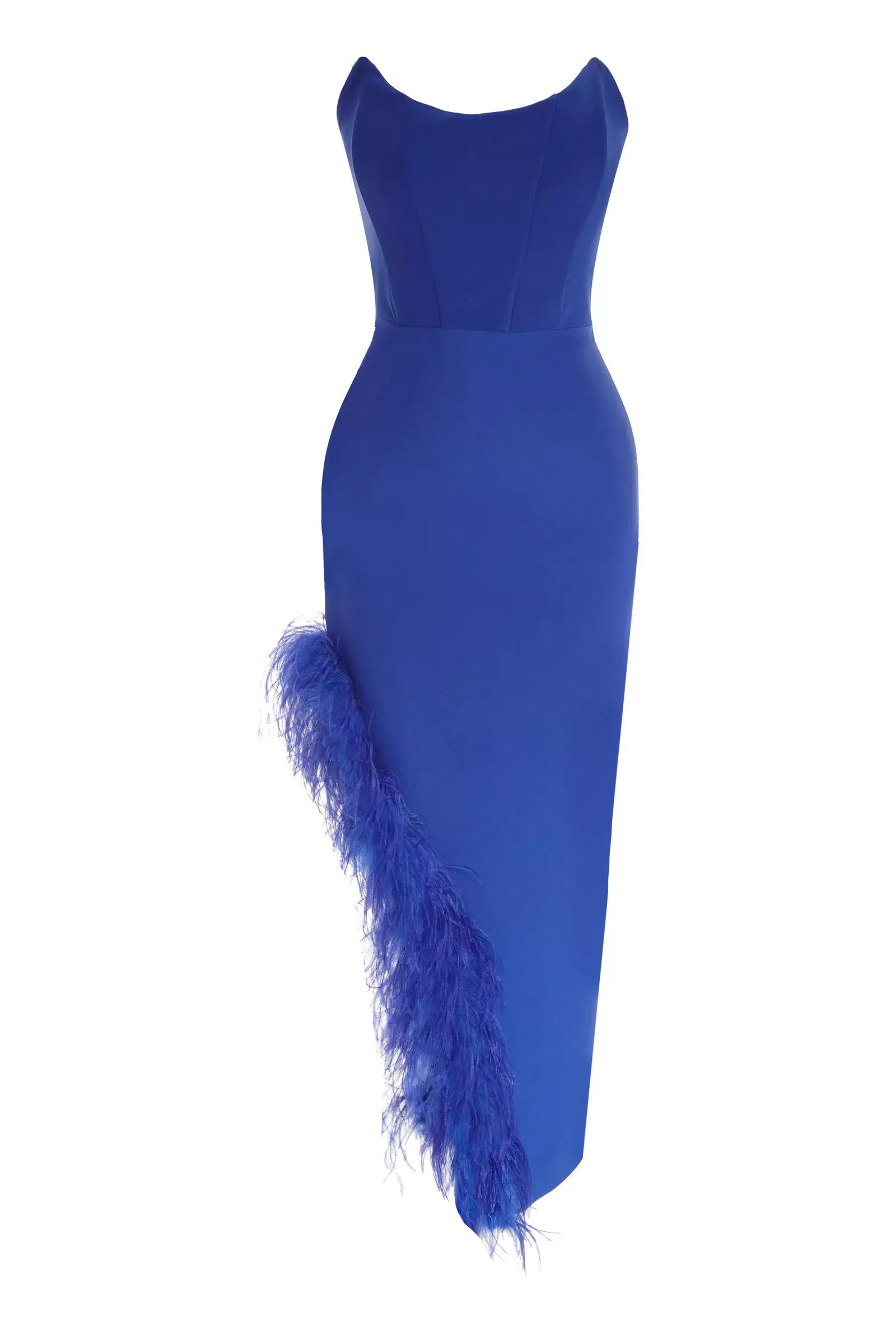 Blue crepe strapless long dress