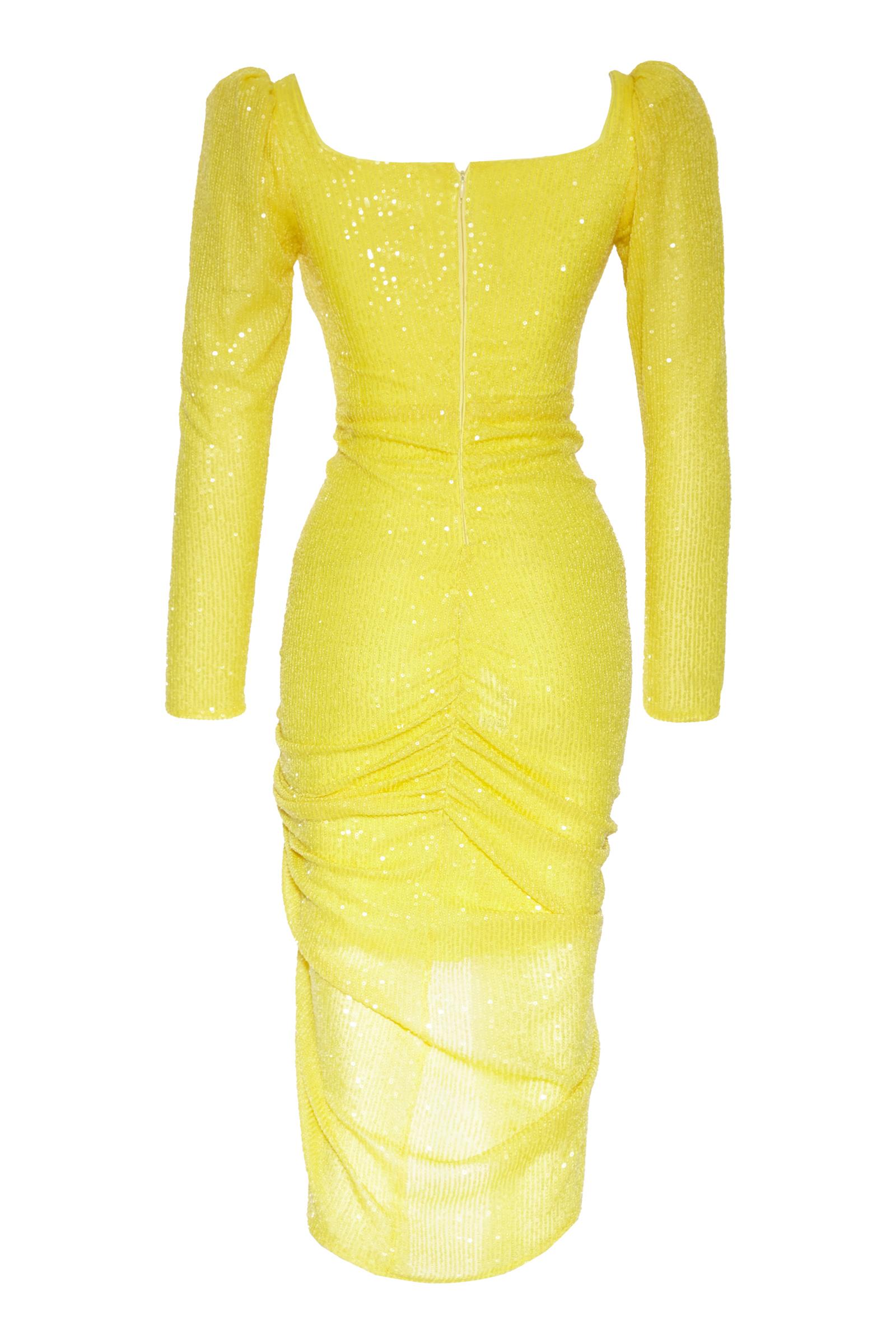 Yellow Sequined Long Sleeve Maxi Dress