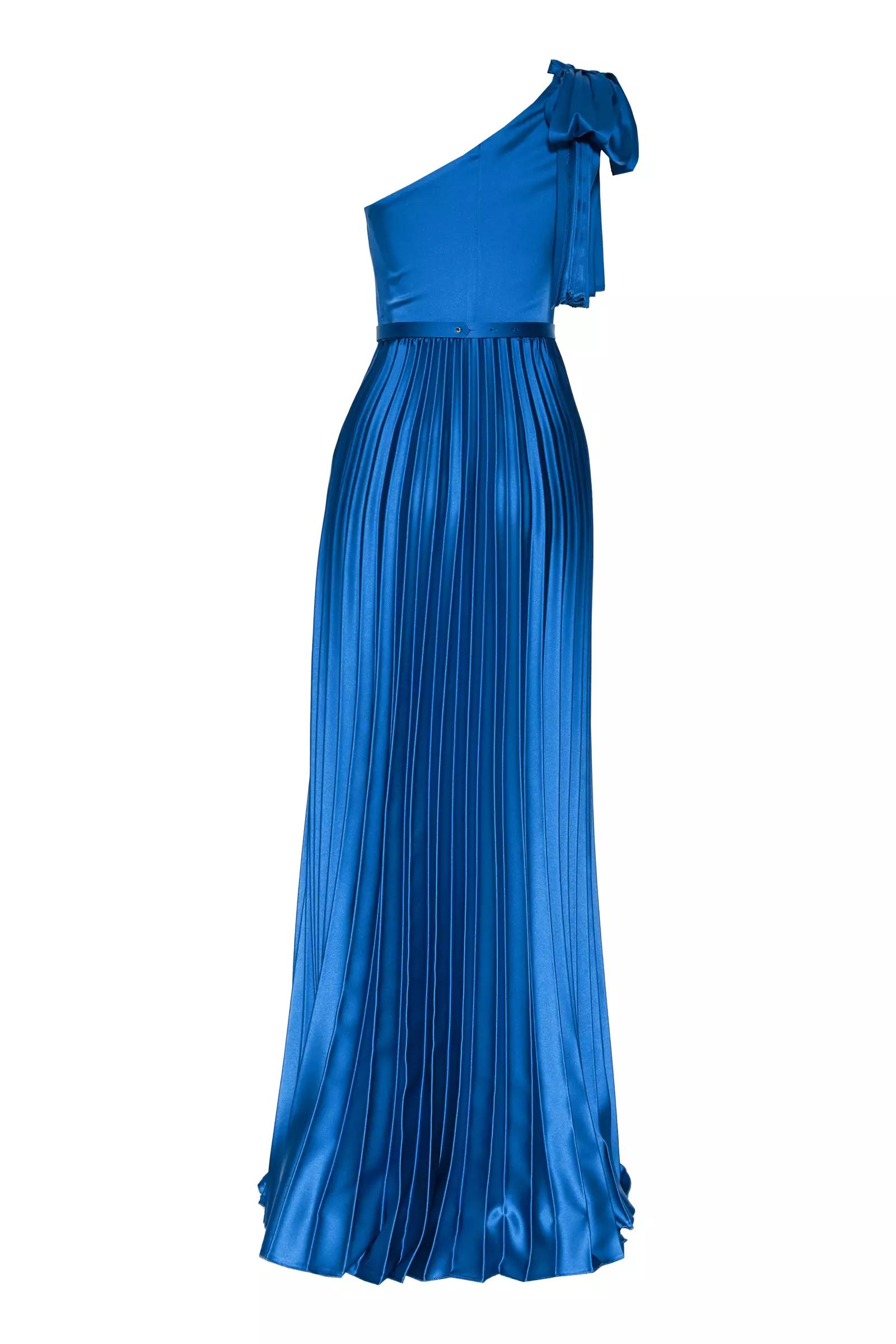 Blue satin one arm long dress
