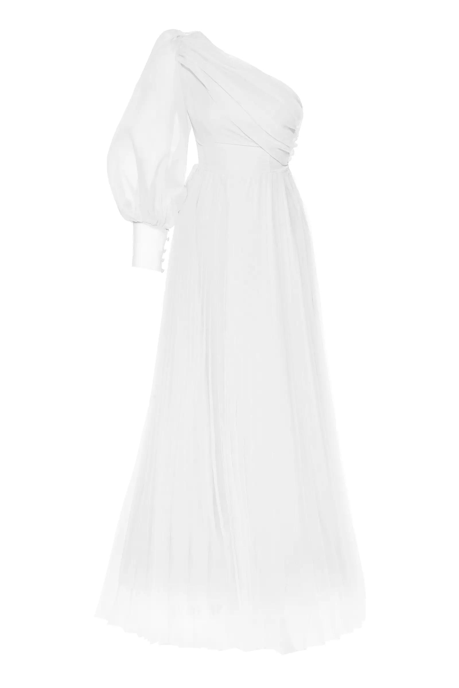 White plus size tulle one arm long dress