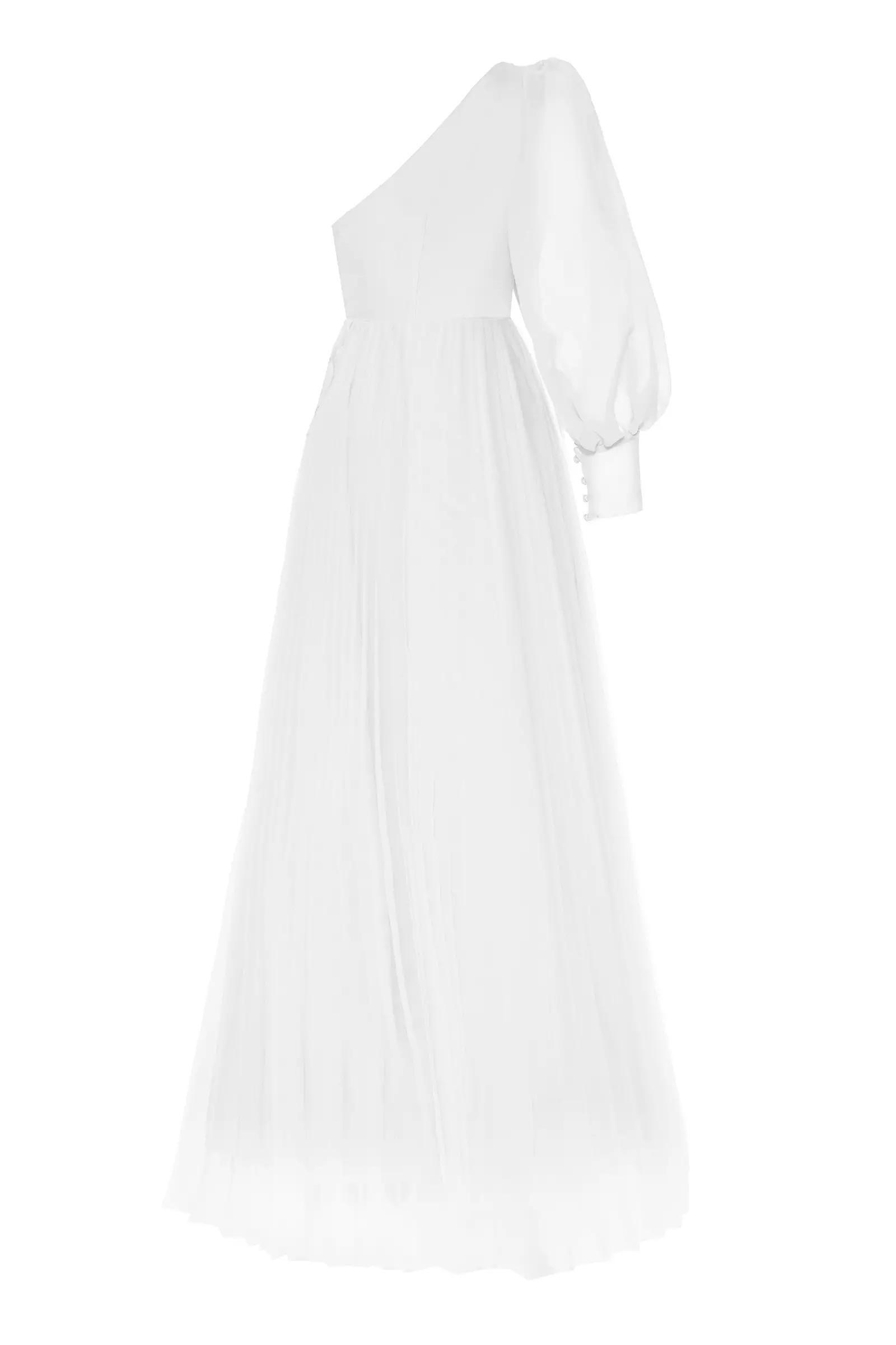 White plus size tulle one arm long dress