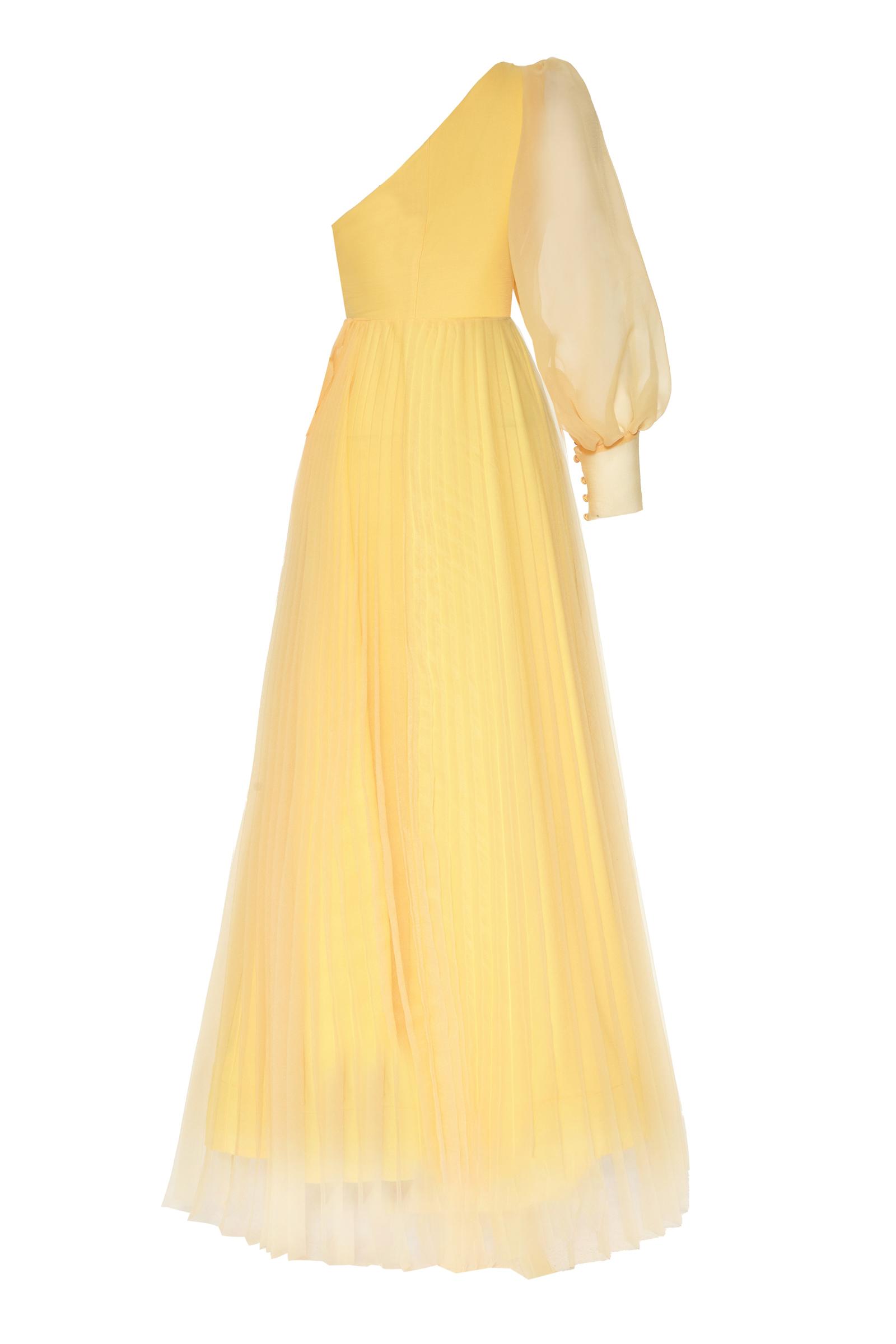 Yellow Plus Size Tulle One Arm Uzun Dress