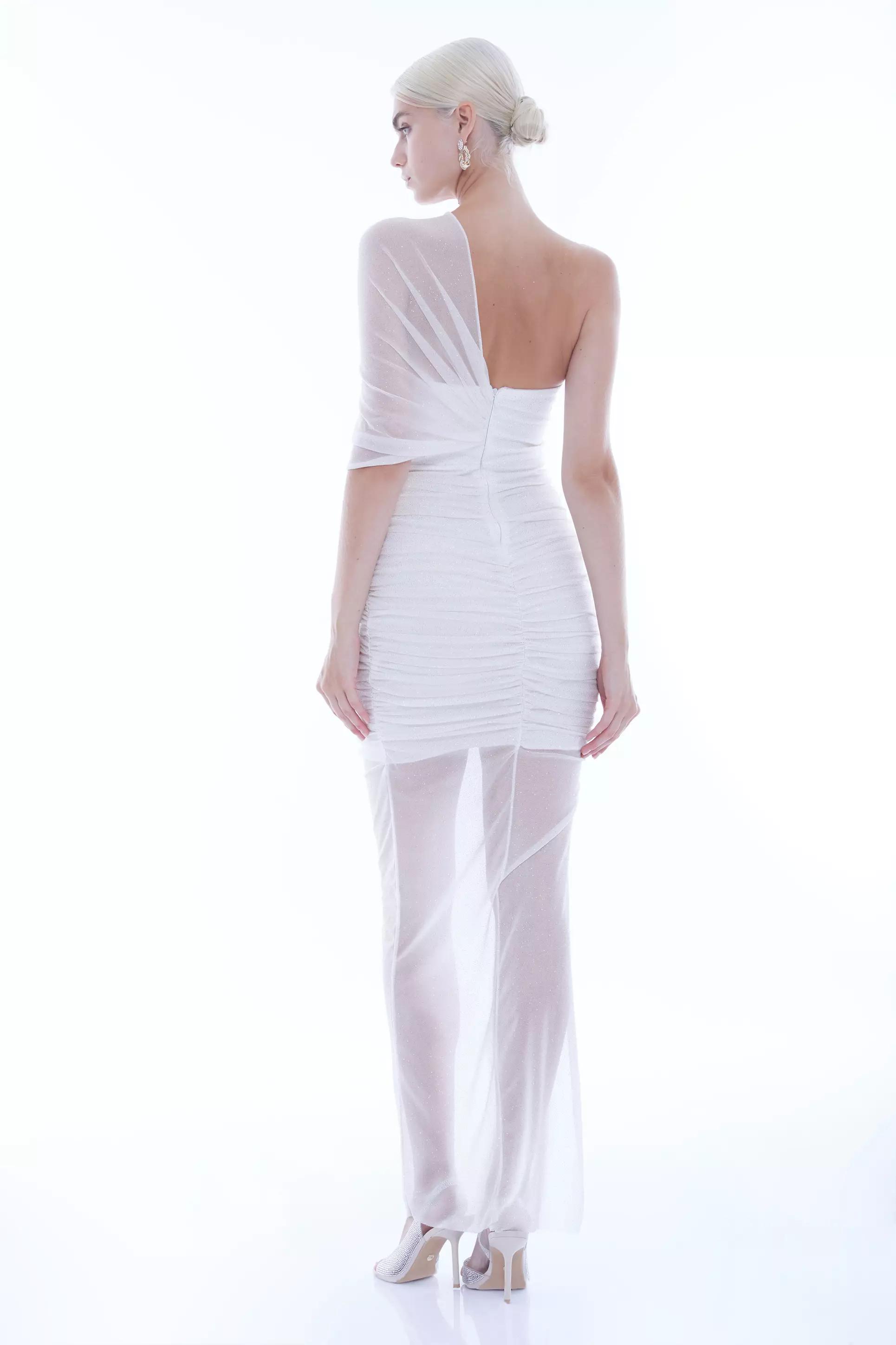 White Tulle One Arm Maxi Dress
