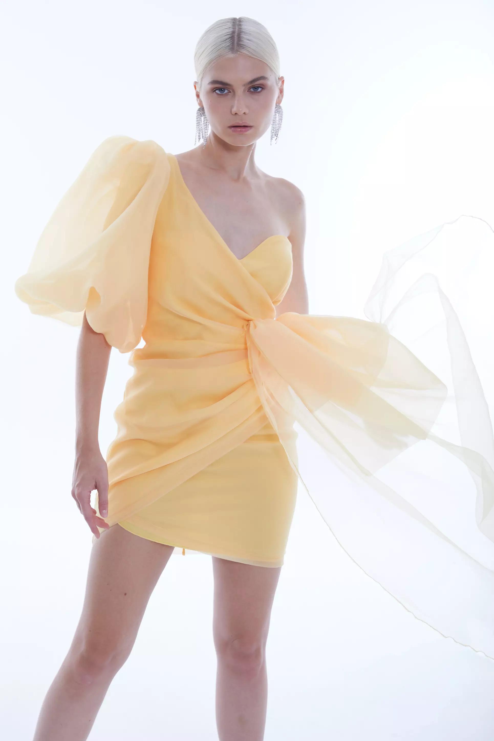 Yellow Tulle One Arm Mini Dress