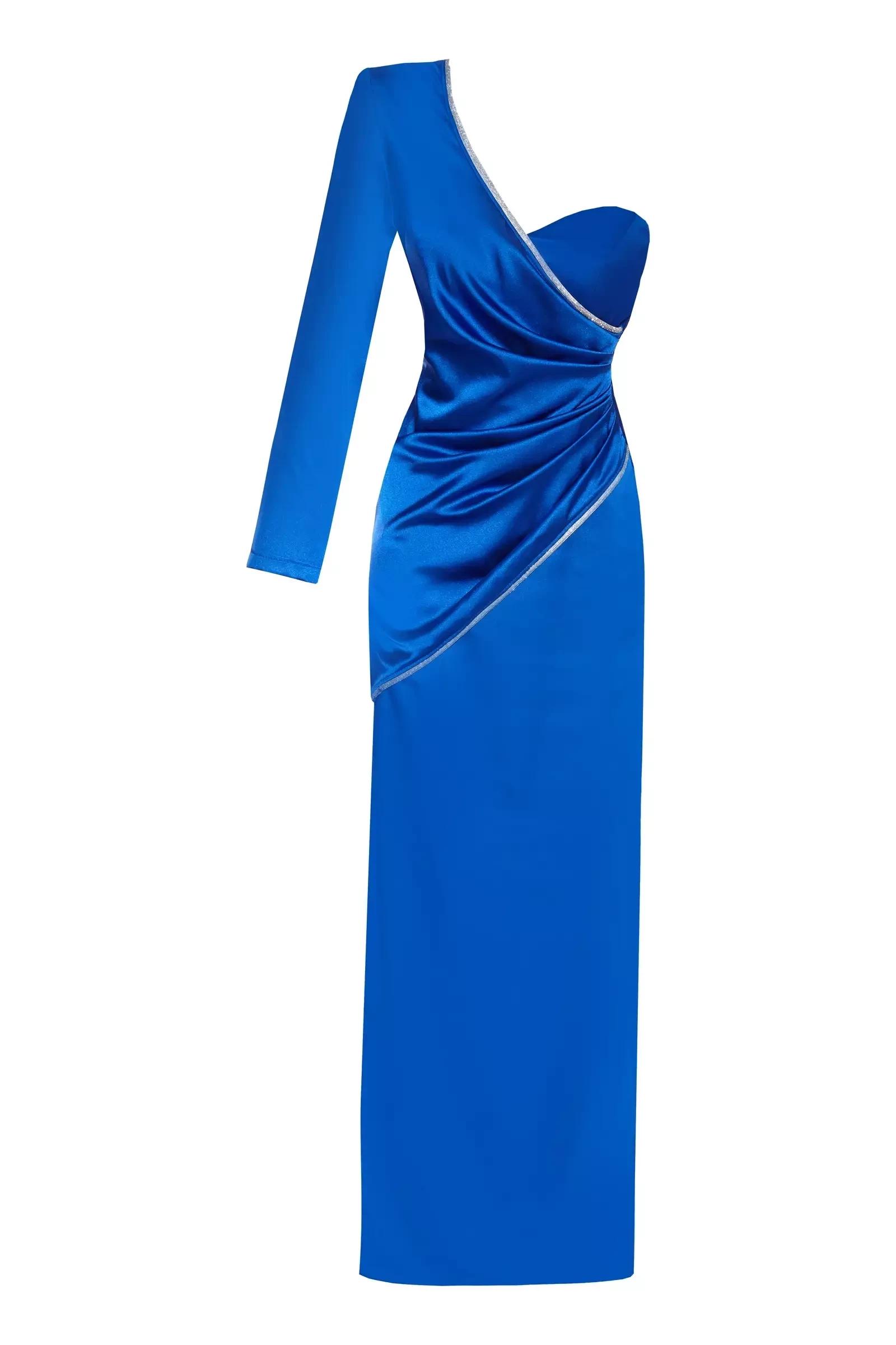 Blue plus size satin one arm long dress