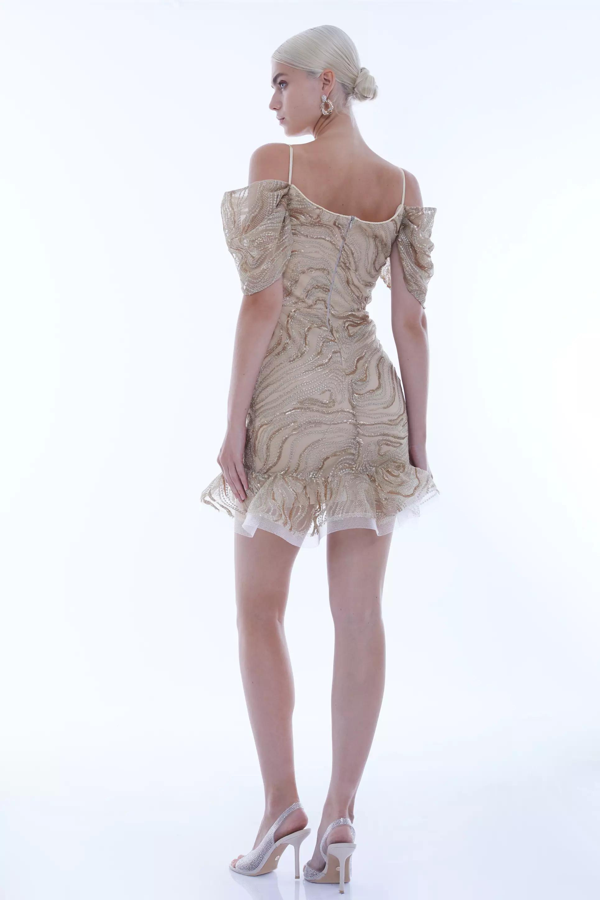 Beige Sequined Sleeveless Mini Dress
