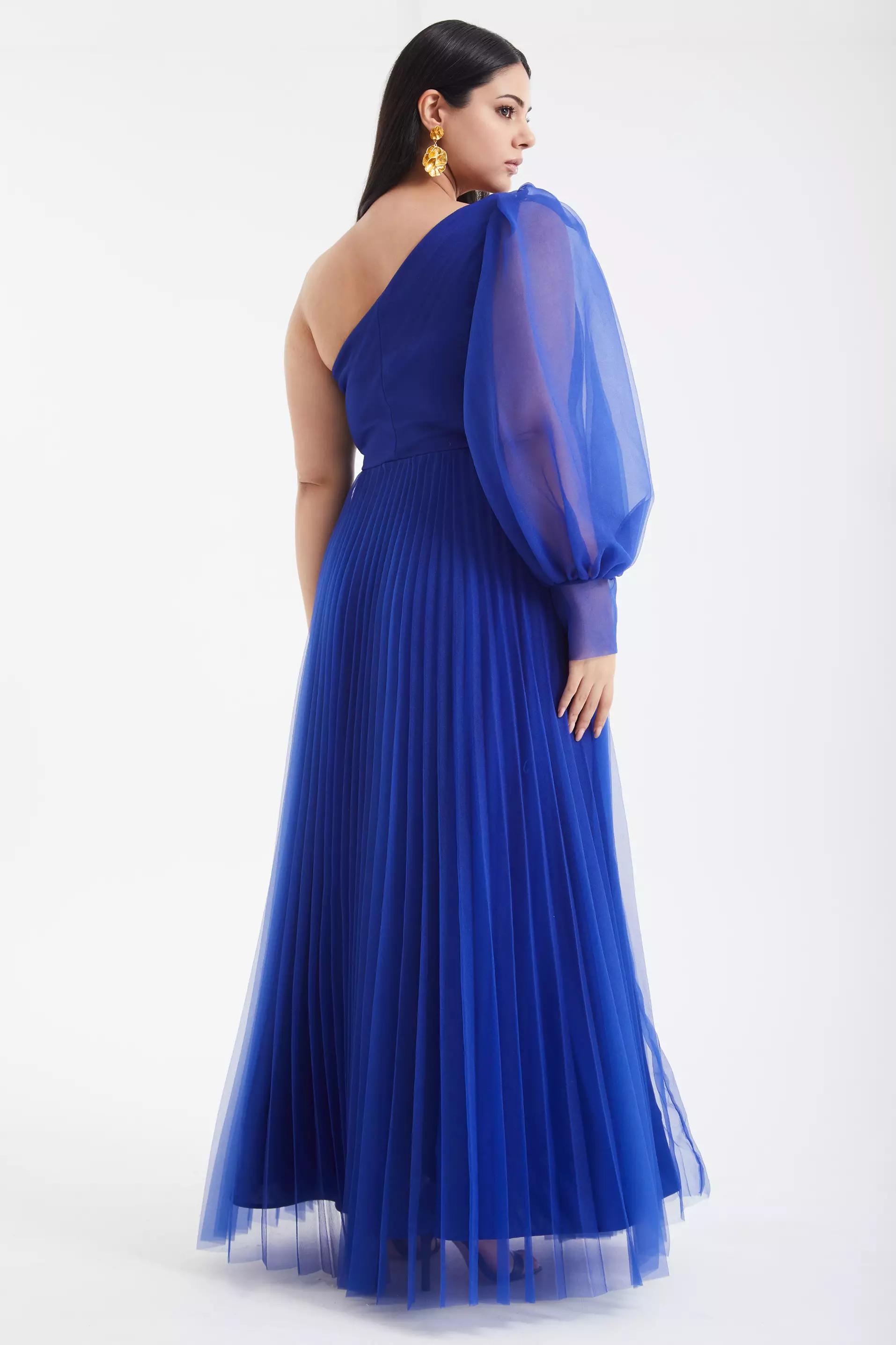 Blue plus size tulle one arm long dress