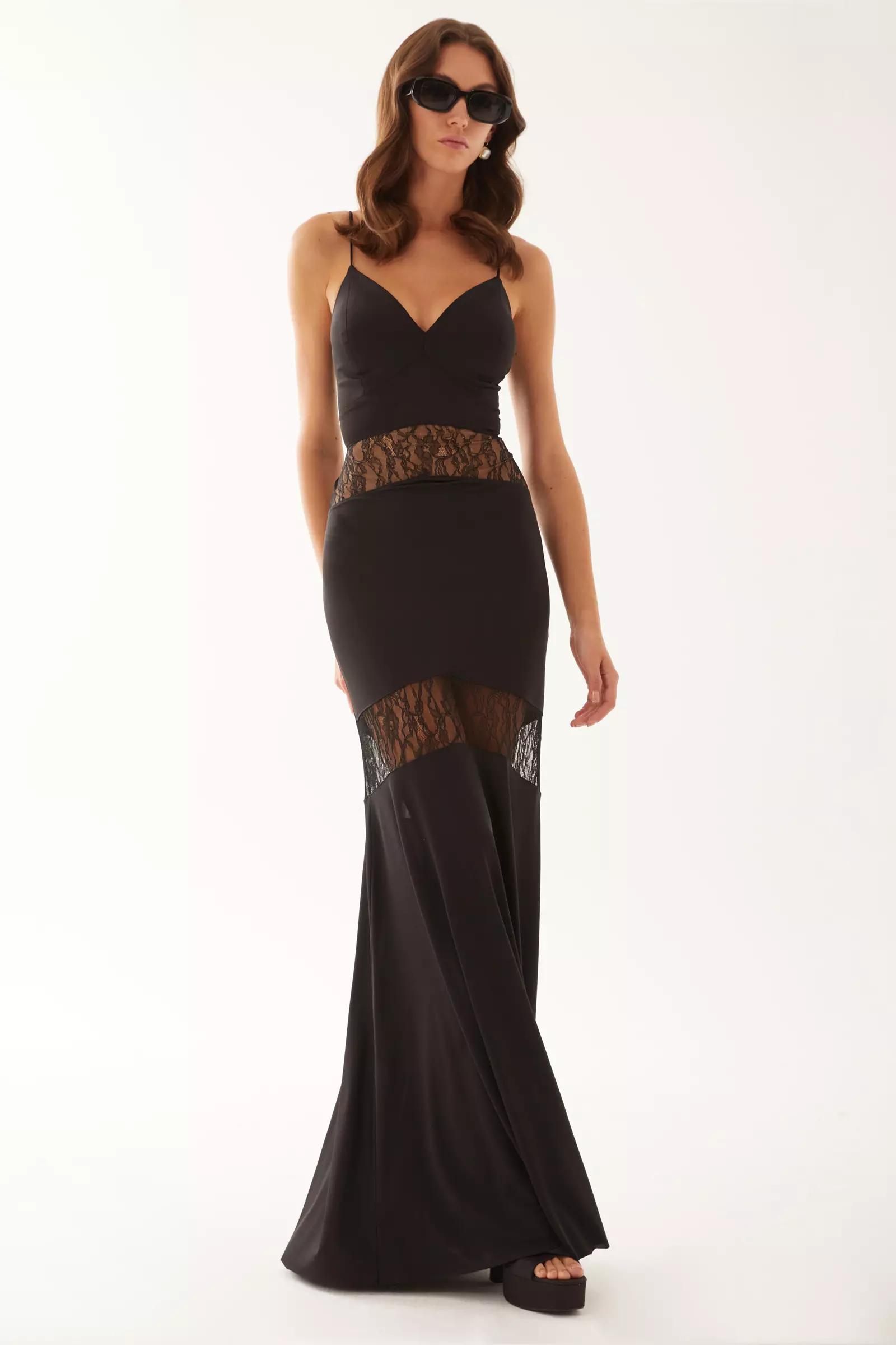 Black satin sleeveless long dress