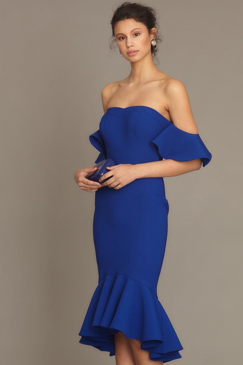 Saxon Blue Crepe Midi Short Sleeve Dress