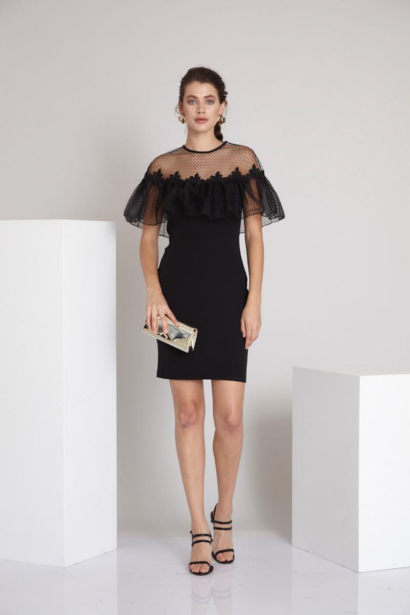 Black Crepe Midi Short Sleeve Dress