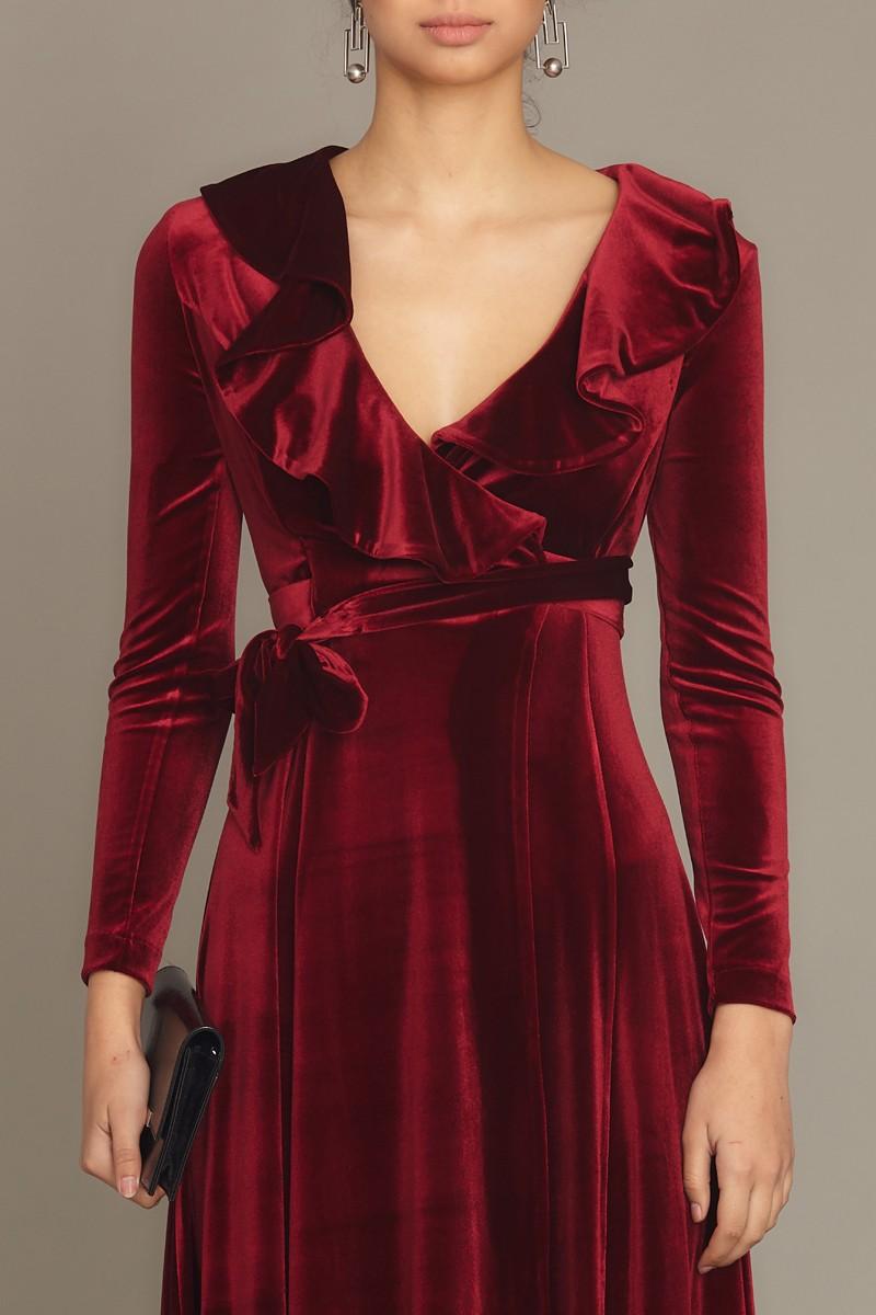 Claret Red Velvet Long Sleeve Midi Dress