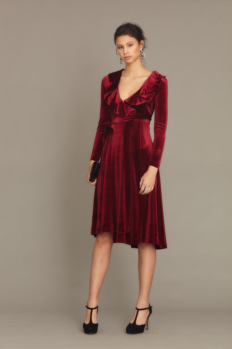 Claret Red Velvet Long Sleeve Midi Dress
